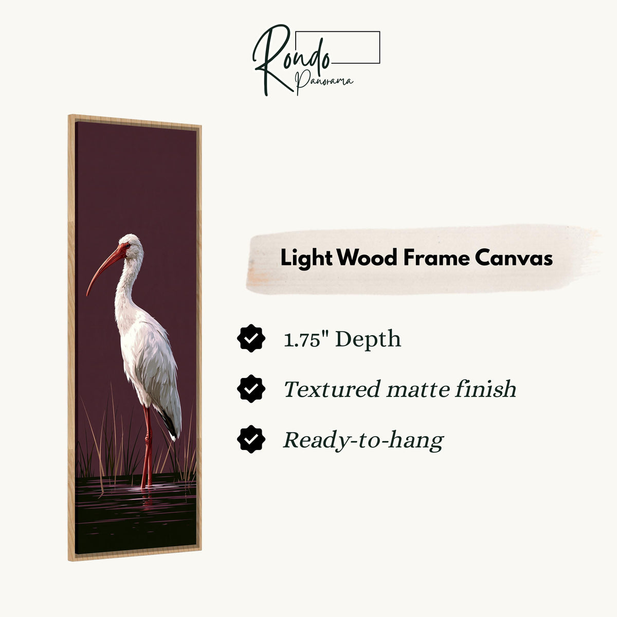 White ibis on a plum background canvas print in a light wood floating frame