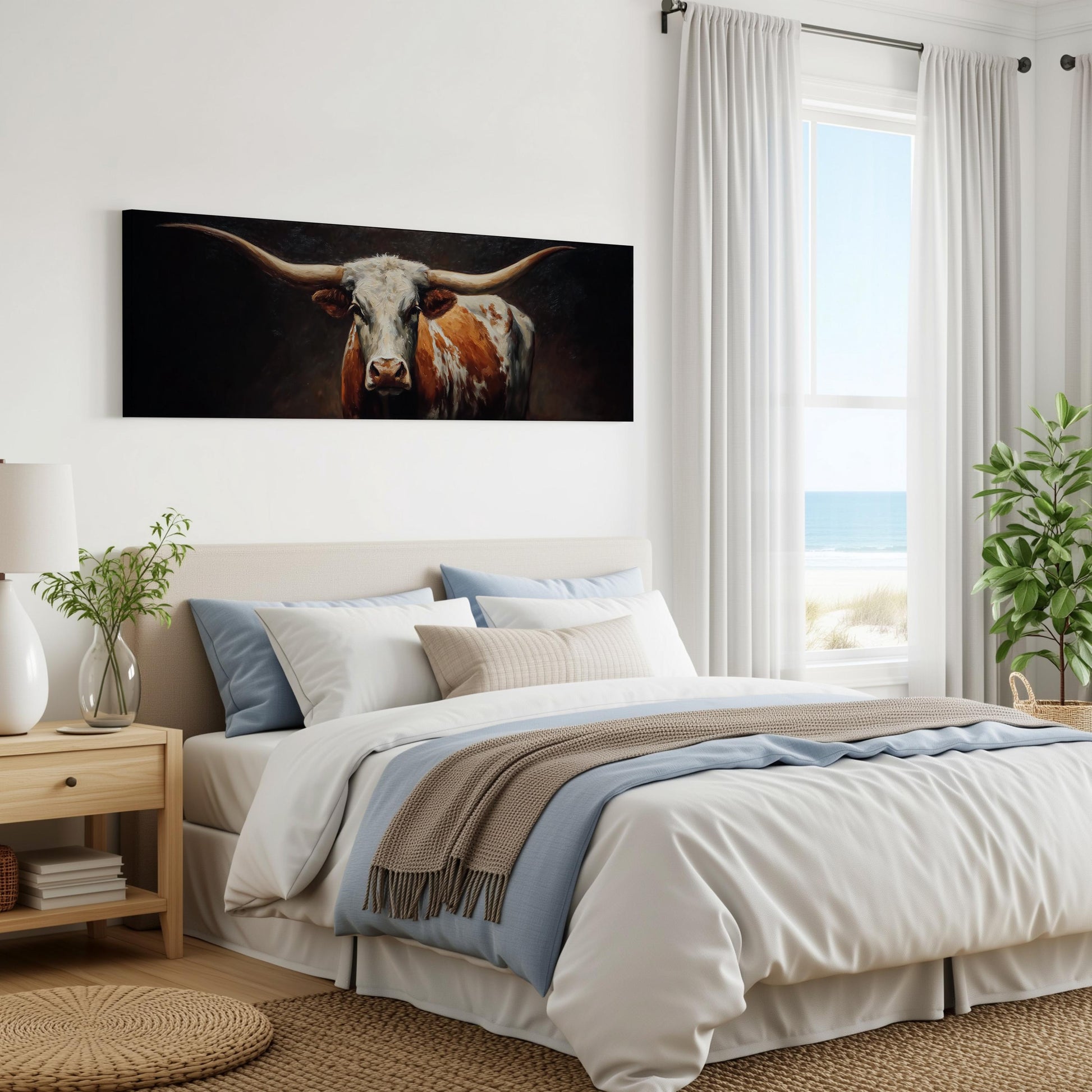 a serene bedroom scene with a large bed, a nightstand, and a painting of a bull's head on the wall.