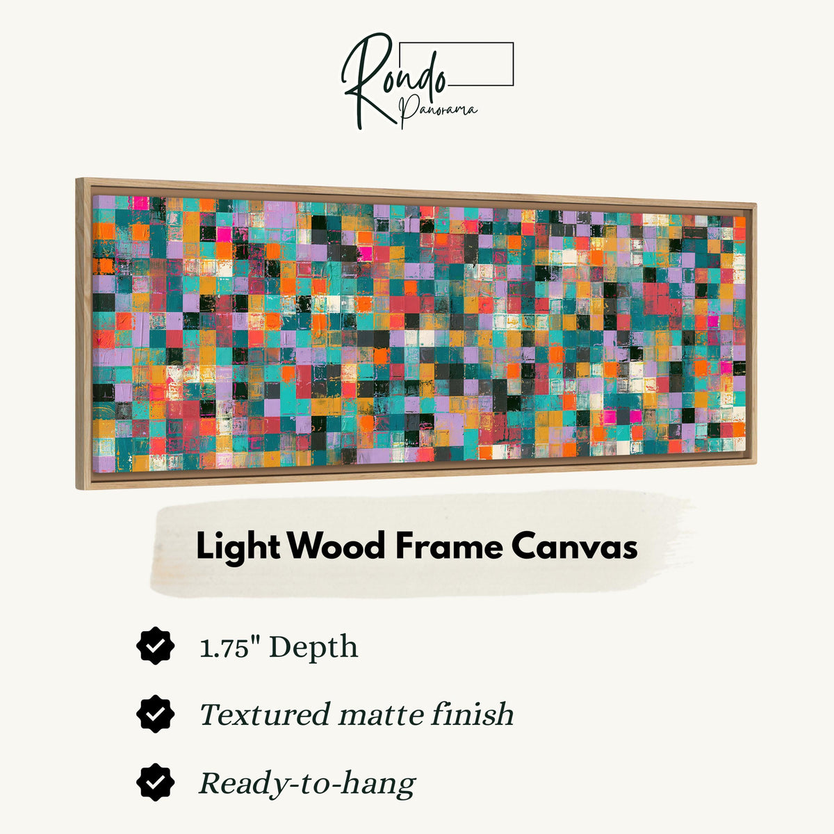 Jewel tone checker mosaic canvas print in a light wood floating frame