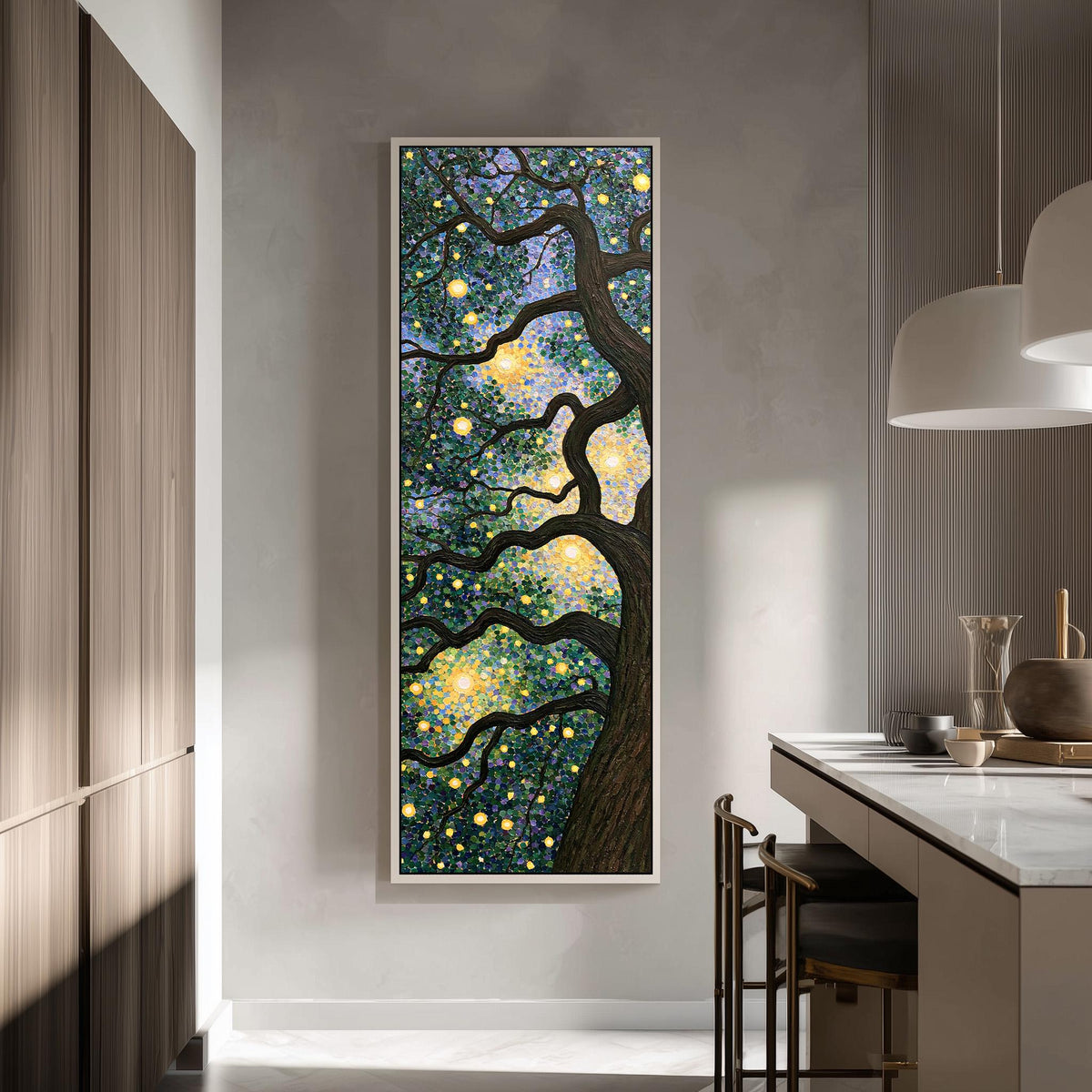 Tree canopy twinkling with golden lights tall skinny canvas print in a modern kitchen