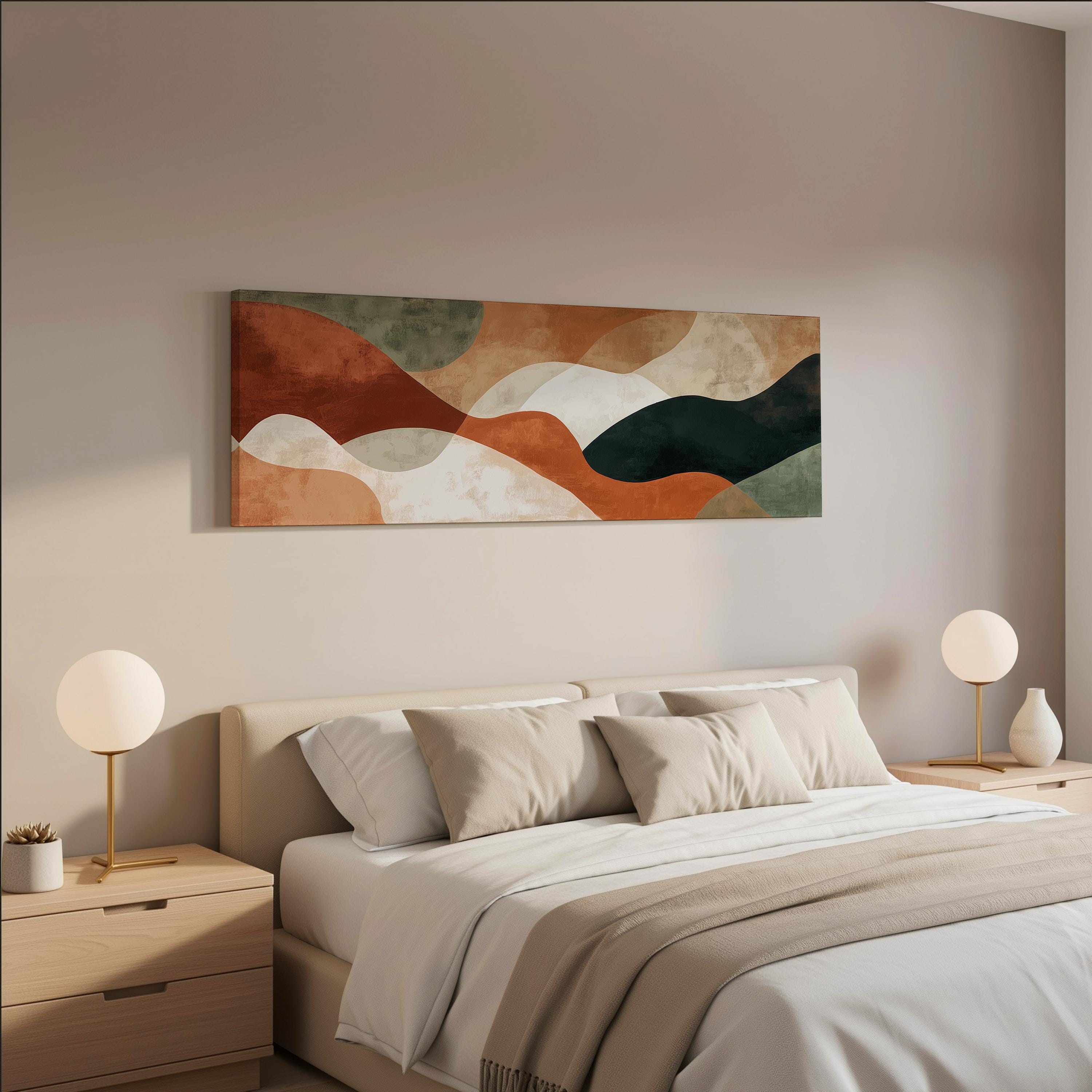 a modern bedroom with a large bed, two nightstands with lamps, and a large abstract painting hanging above the bed.