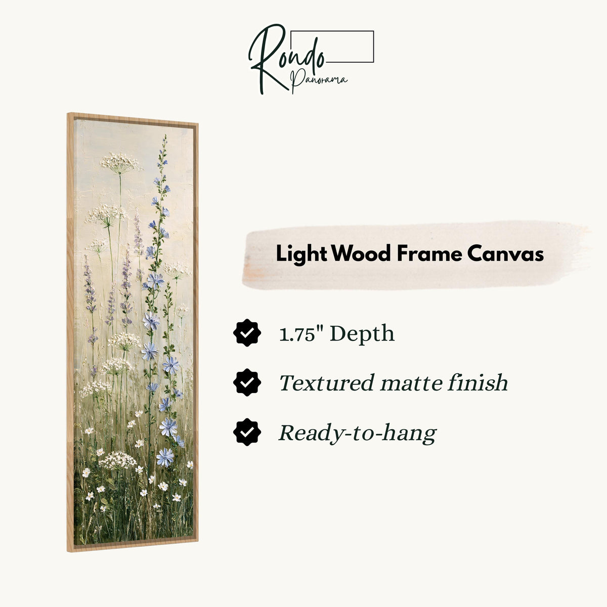 Chicory, lavender and Queen Anne's lace wildflowers canvas print in a light wood floating frame