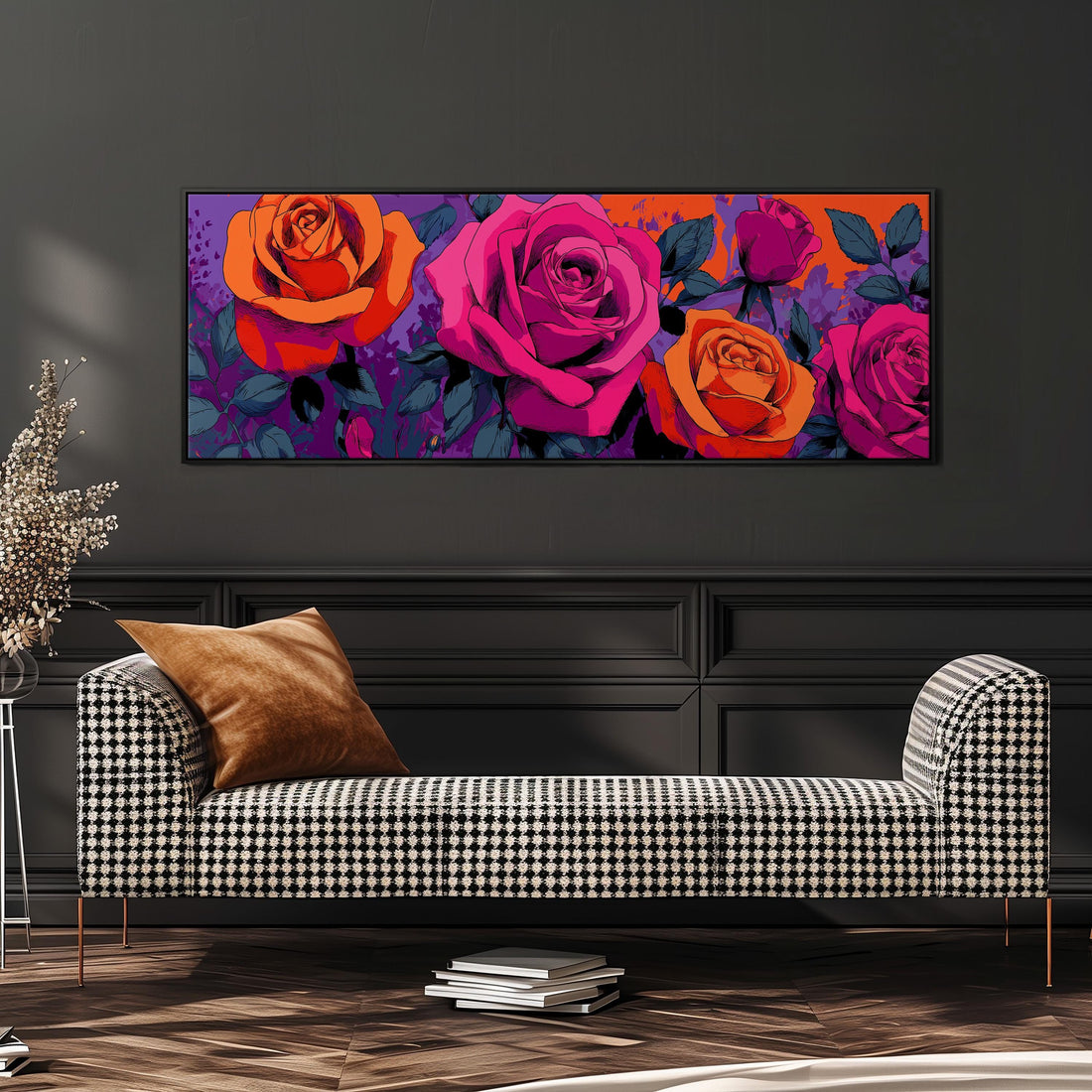 a large, colorful painting of roses hanging on a wall above a black and white checkered sofa.