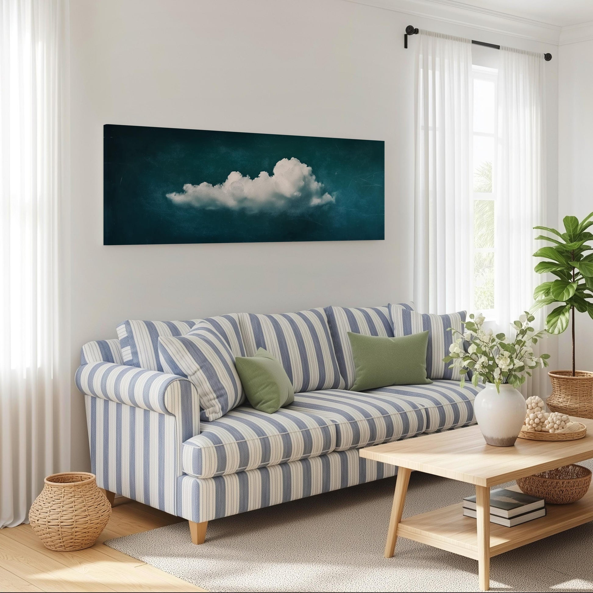a cozy living room with a striped blue and white sofa, a wooden coffee table, and a large window with white curtains. Above the sofa, there is a framed artwork of a cloud on the wall.