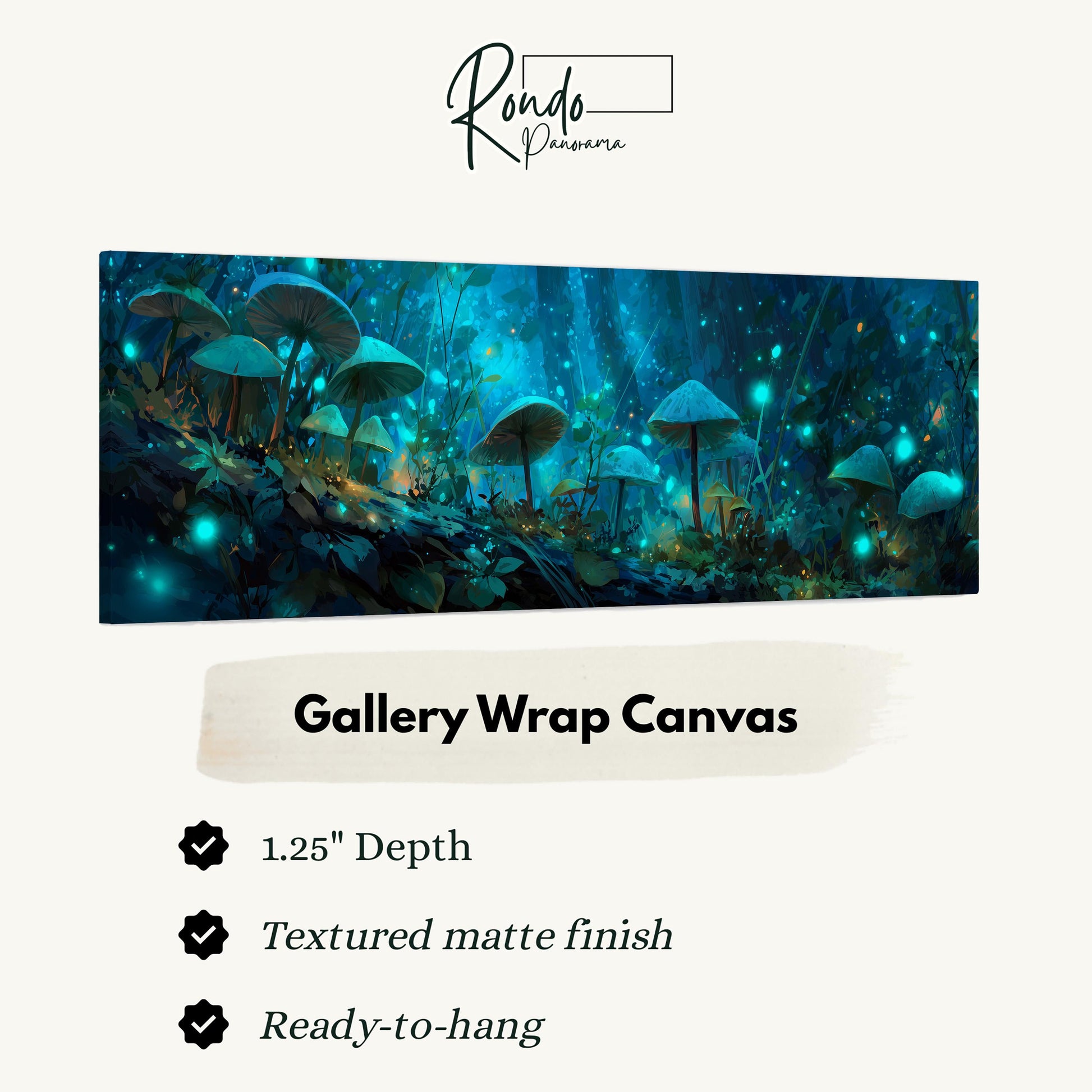 The image is a gallery wrap canvas featuring a whimsical scene of mushrooms and glowing plants in a forest-like setting.
