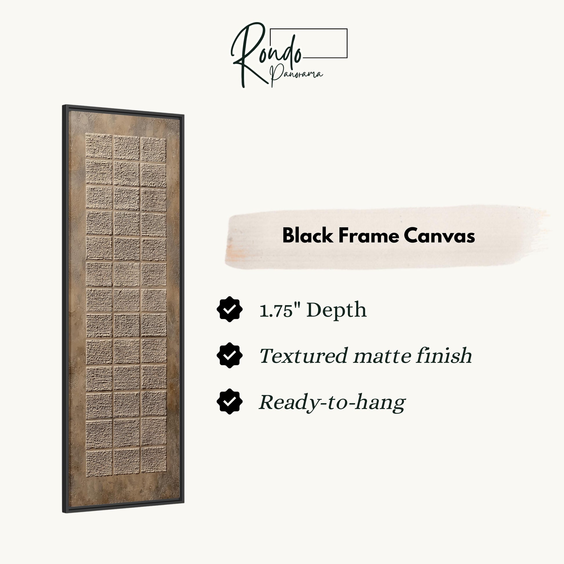 The image is a product description for a black frame canvas. It features a wooden frame with a textured finish and a 1.75" depth. The canvas is described as textured matte finish and ready-to-hang.