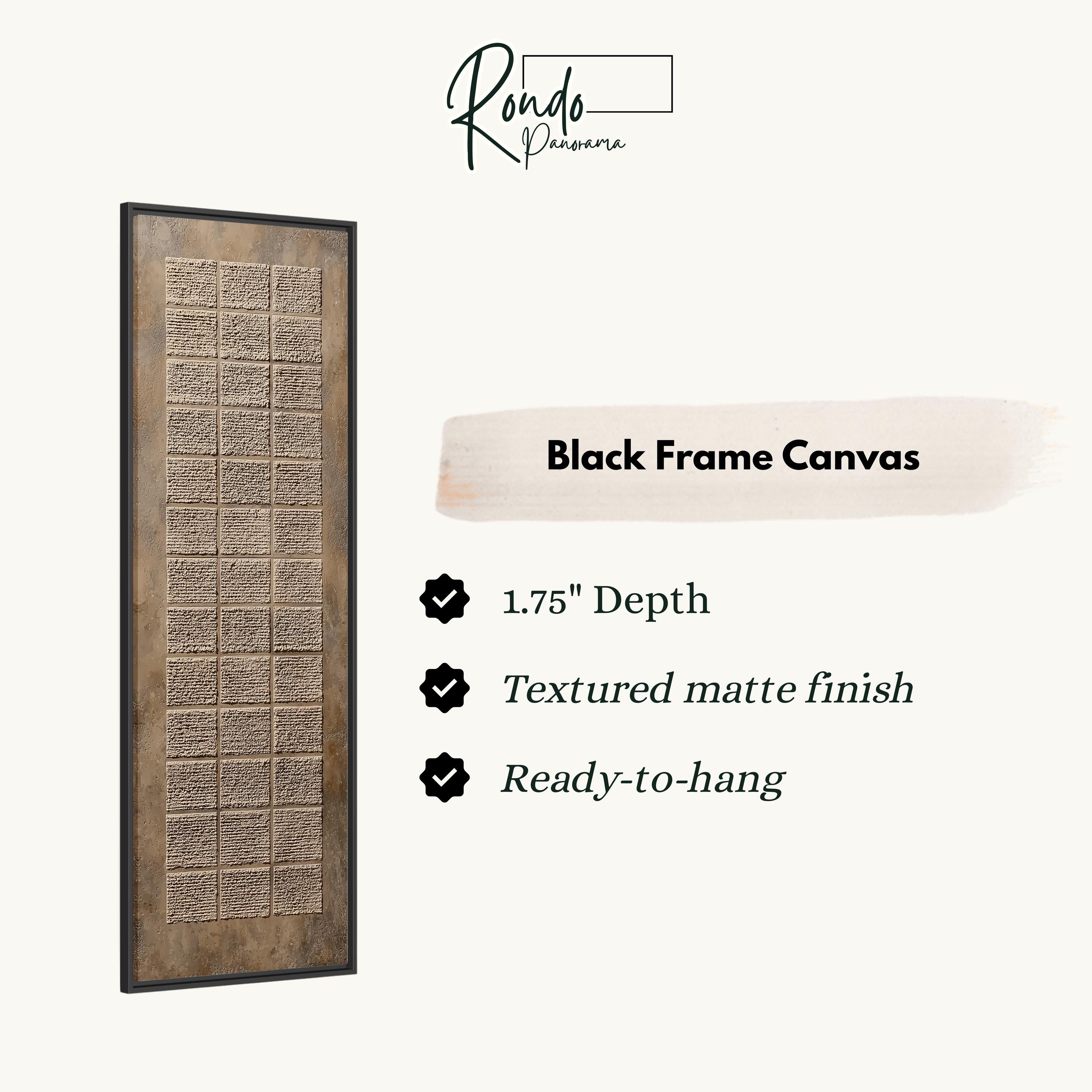 The image is a product description for a black frame canvas. It features a wooden frame with a textured finish and a 1.75" depth. The canvas is described as textured matte finish and ready-to-hang.