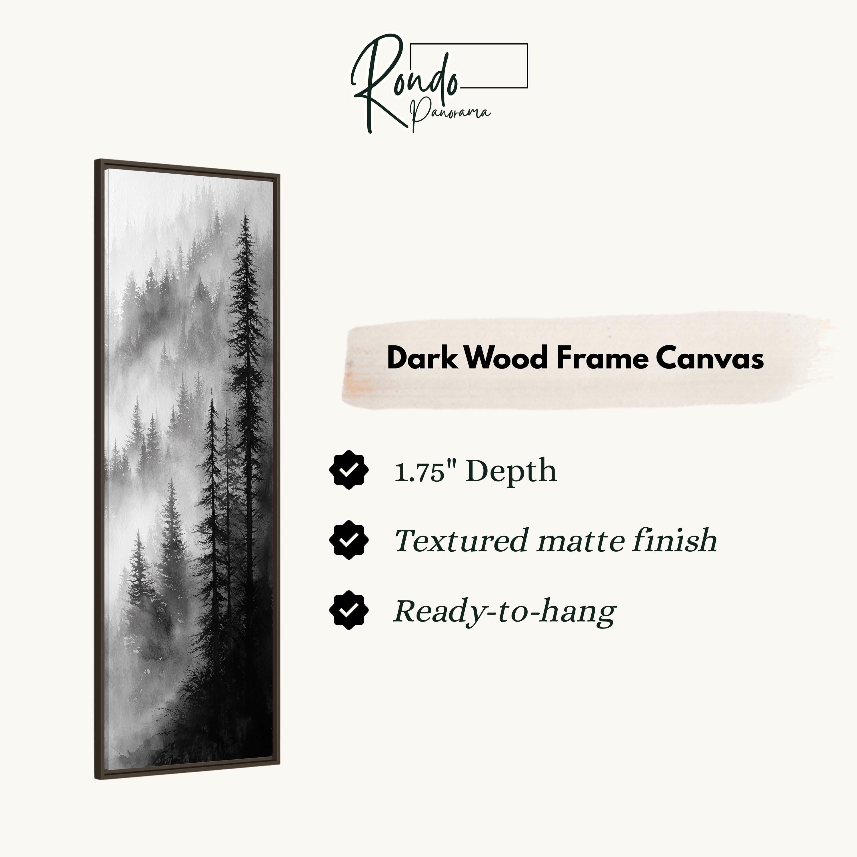 The image is a black and white photograph of a forest scene with tall trees, and it is described as a "Dark Wood Frame Canvas" with a 1.75" depth, a textured matte finish, and a ready-to-hang feature.