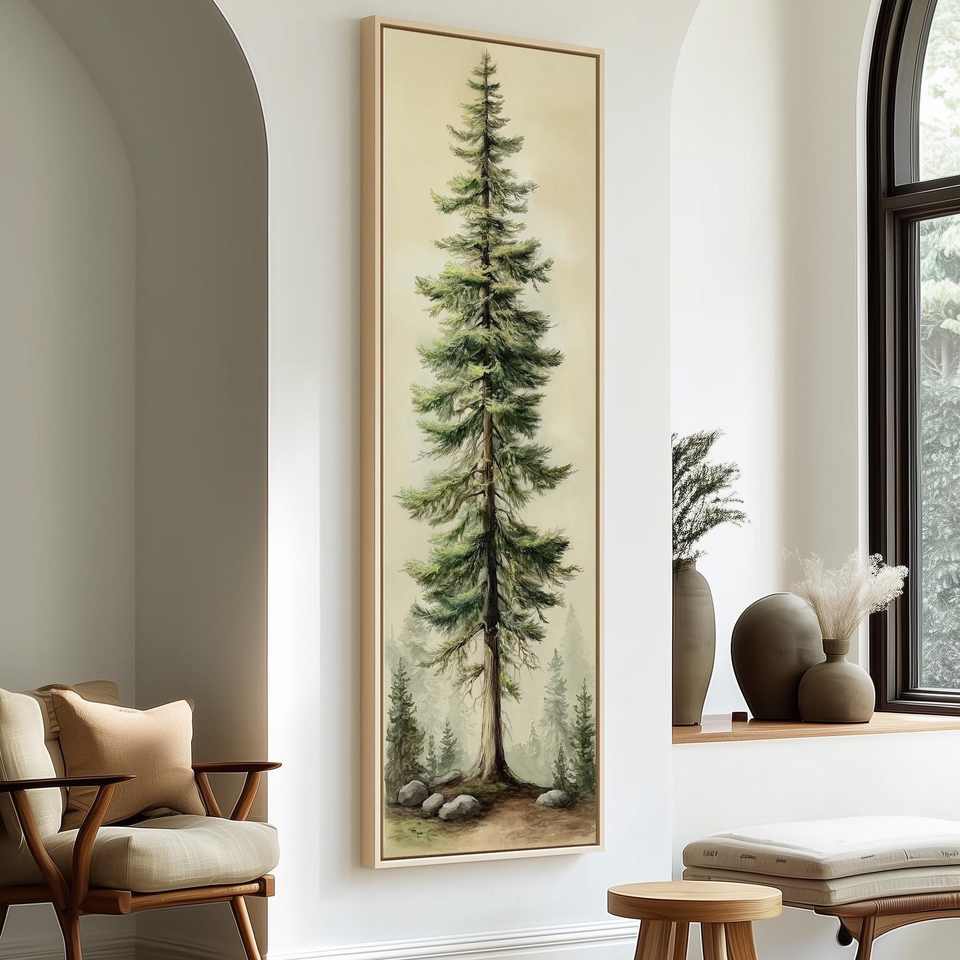 a large painting of a tall pine tree hanging on a wall, with a cozy seating area and decorative elements in the foreground.