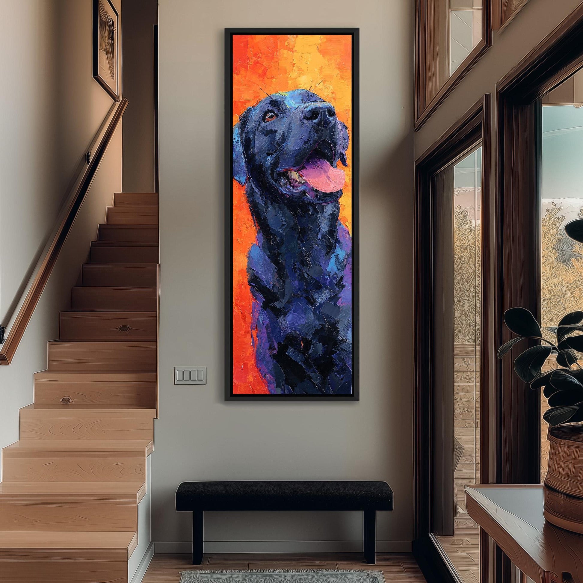a large, colorful painting of a black dog with a vibrant orange and blue background, hanging on a wall in a hallway.