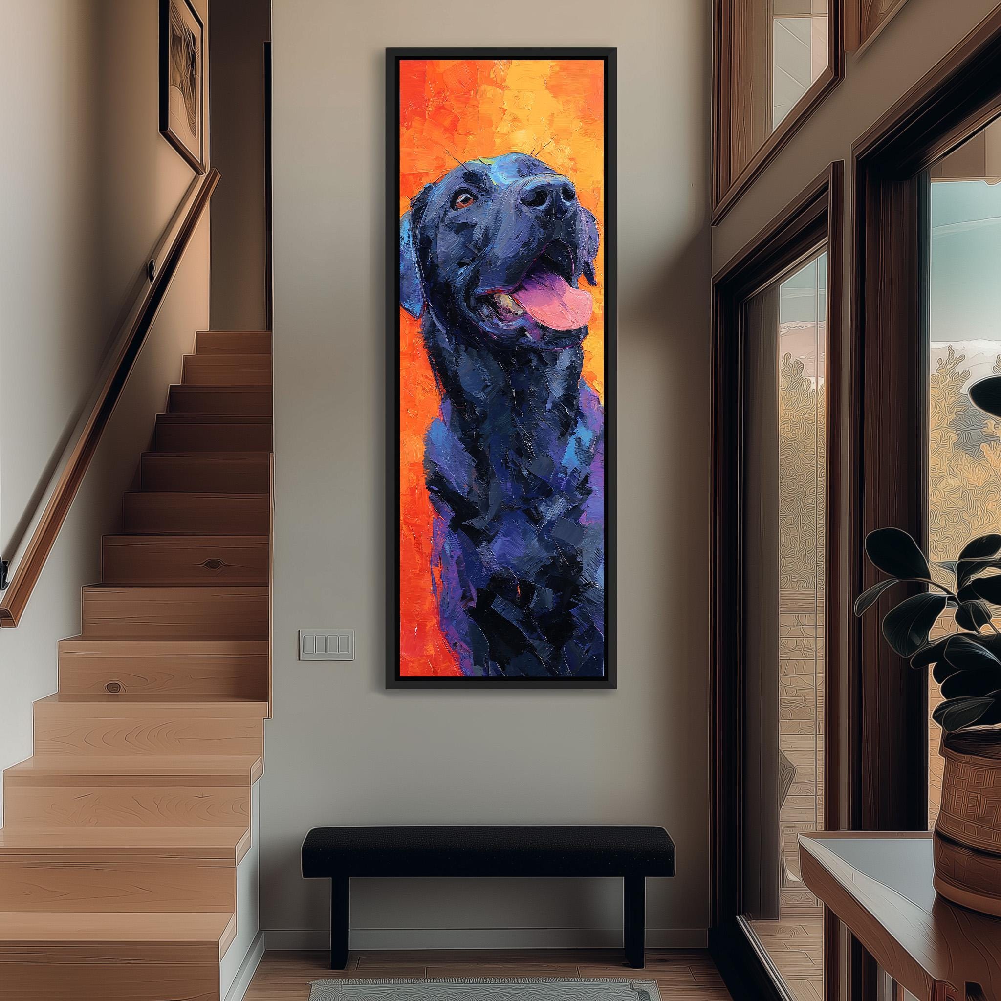 a large, colorful painting of a black dog with a vibrant orange and blue background, hanging on a wall in a hallway.