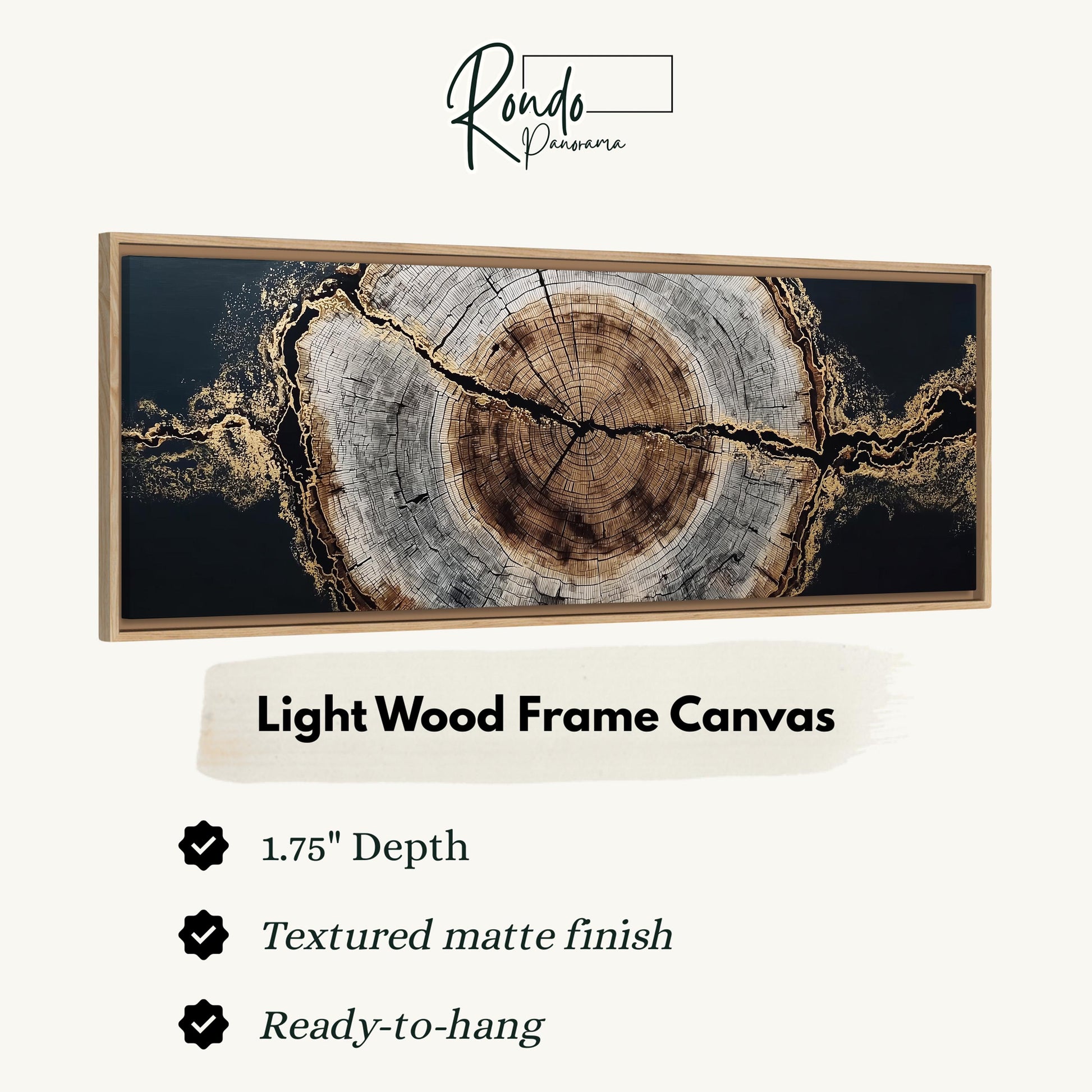 The image is a framed canvas depicting a tree stump with a striking design of a cross-section of the tree trunk.