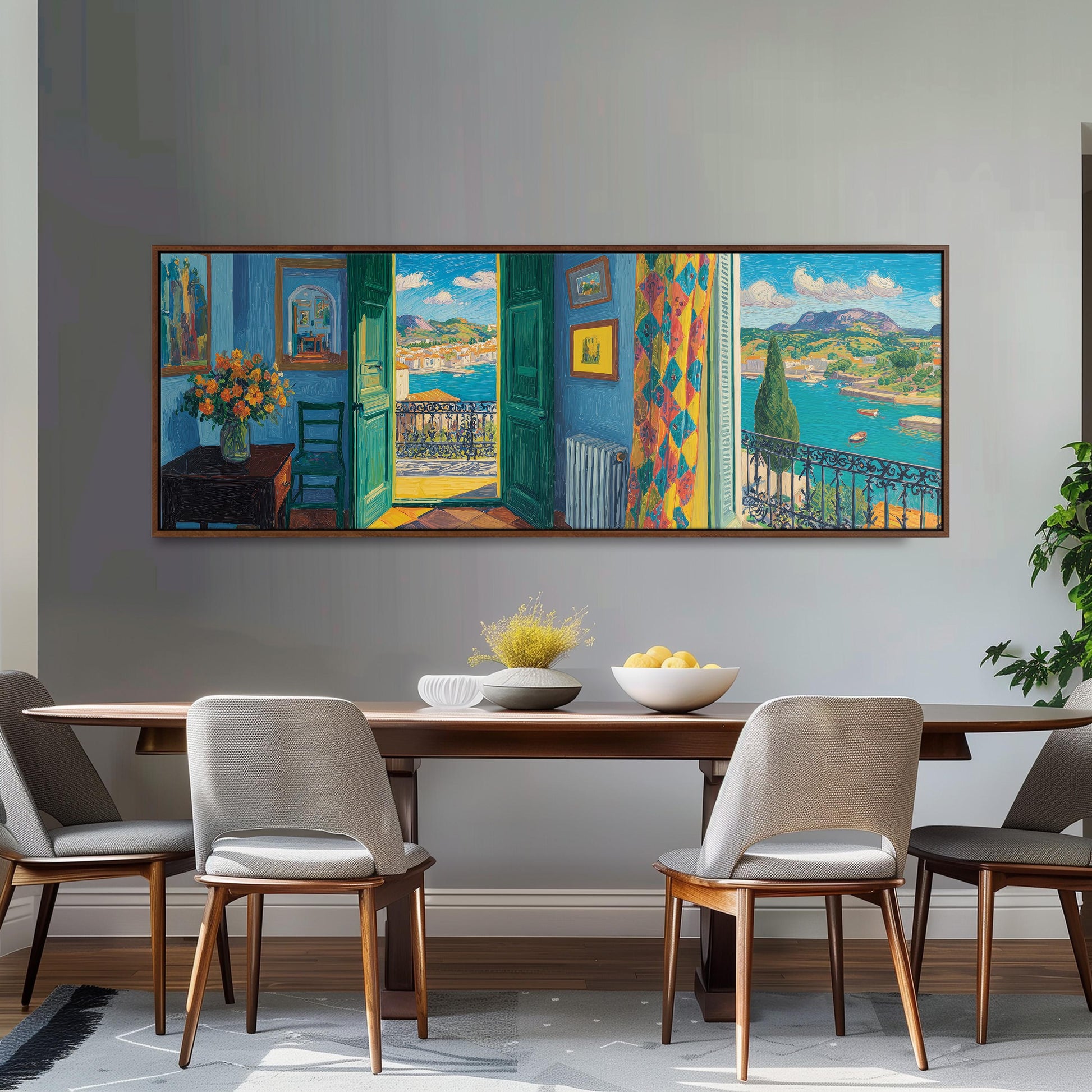 a large, colorful painting of a room with a dining table and chairs, as well as a painting of a balcony overlooking a scenic landscape.