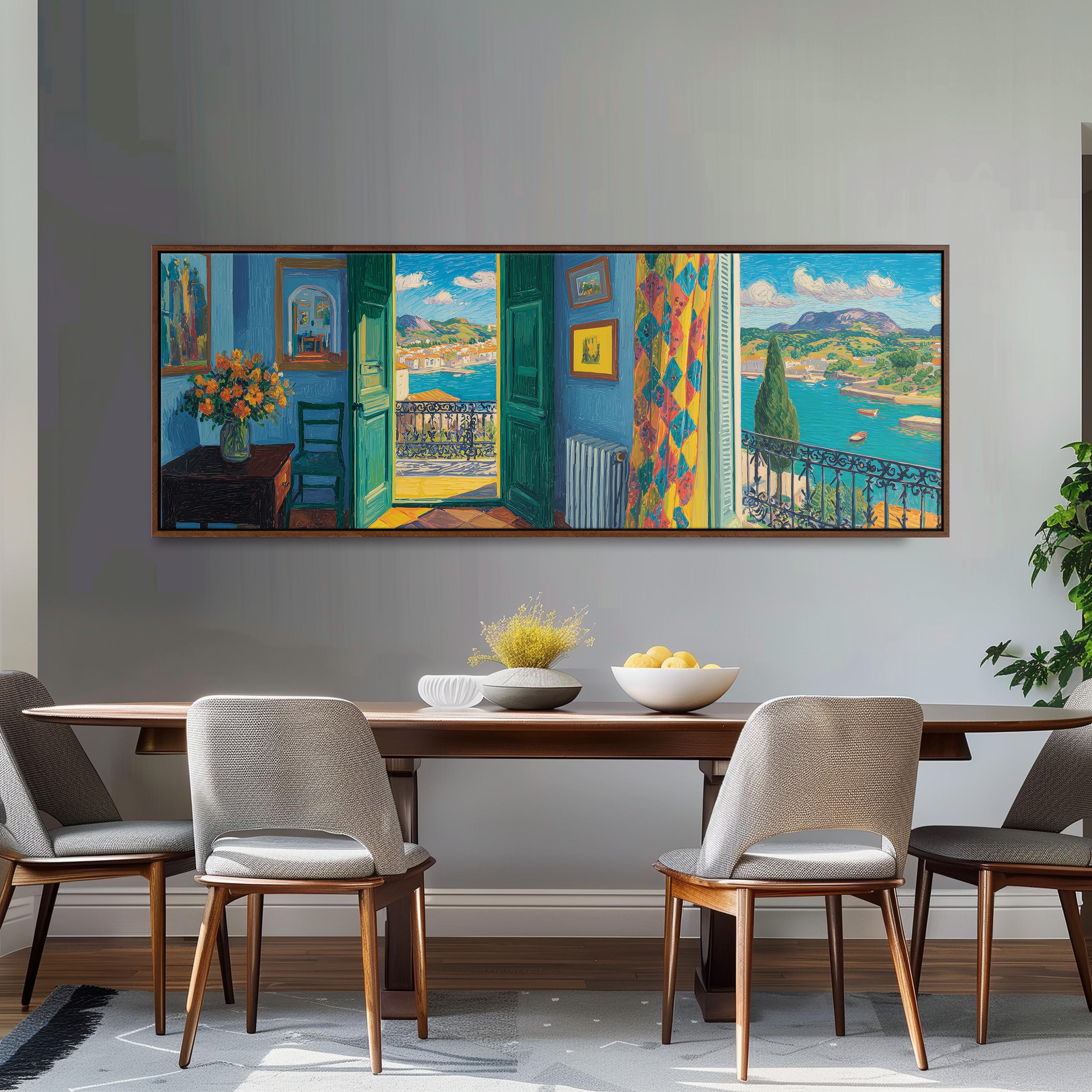 a large, colorful painting of a room with a dining table and chairs, as well as a painting of a balcony overlooking a scenic landscape.