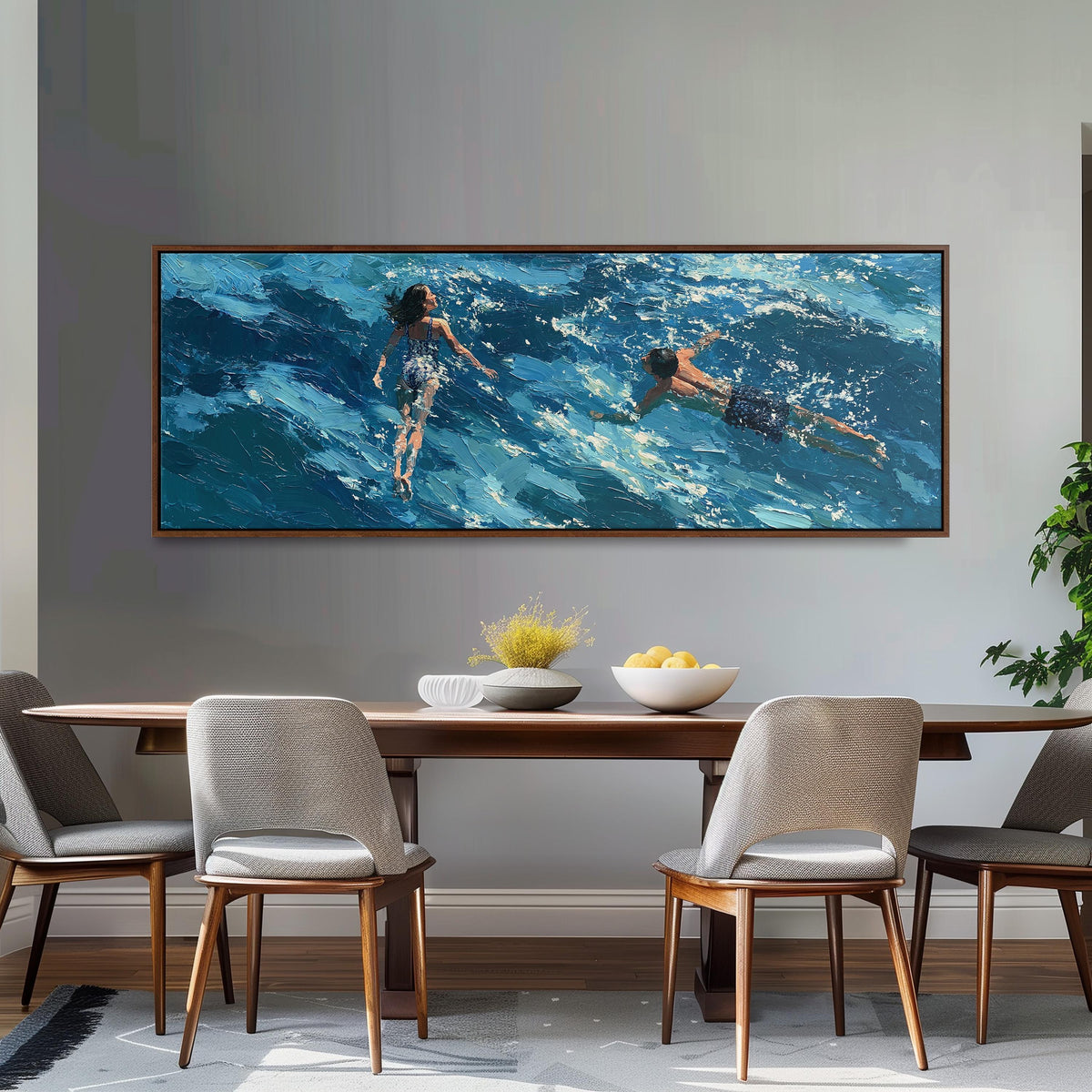 Two swimmers in turquoise waves long horizontal canvas print above a dining table