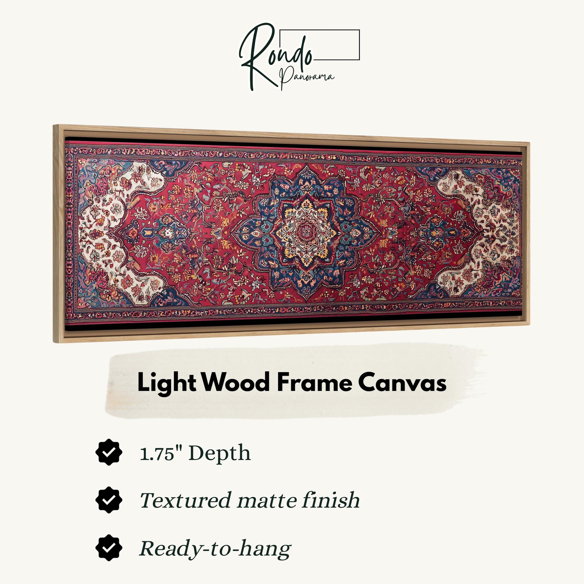 a large, intricately designed rug with a wooden frame. The rug has a 1.75" depth and is described as a "Light Wood Frame Canvas" with a textured matte finish and a ready-to-hang feature.