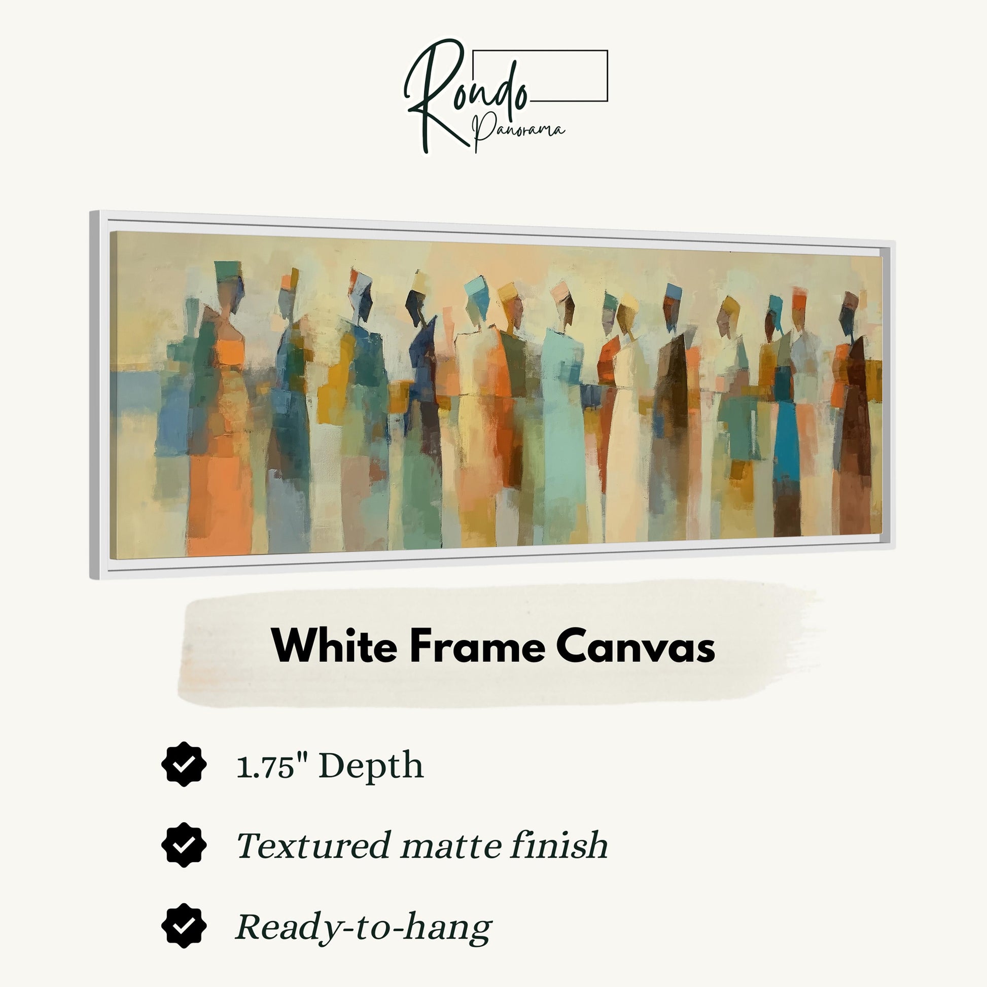 The image is a framed artwork depicting a group of people in various poses and colors.