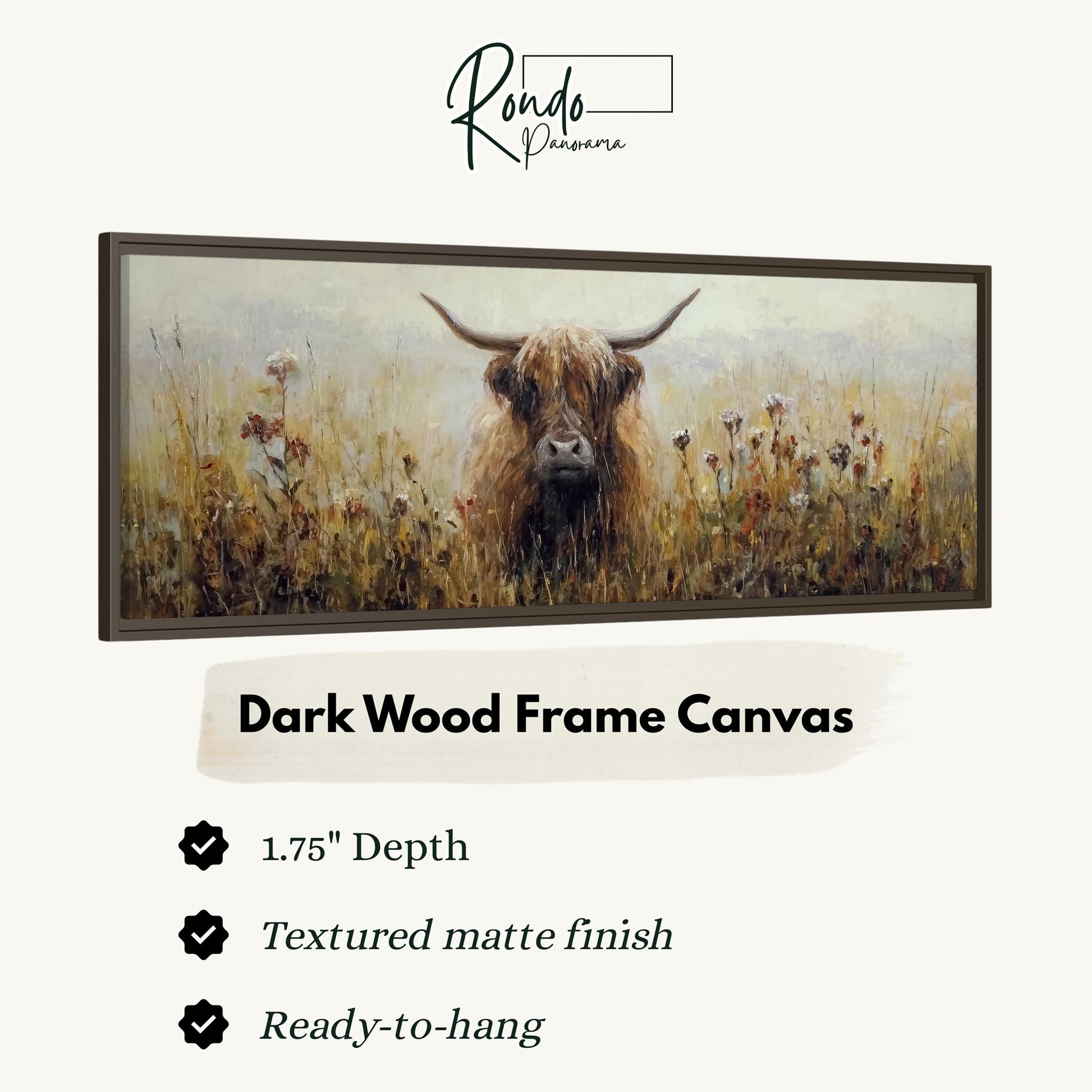 The image is a painting of a horned animal, likely a yak or a similar creature, standing in a field of tall grass. The painting is framed in a dark wood frame and is described as a canvas with a 1.75" depth, a textured matte finish, and a ready-to-hang condition.