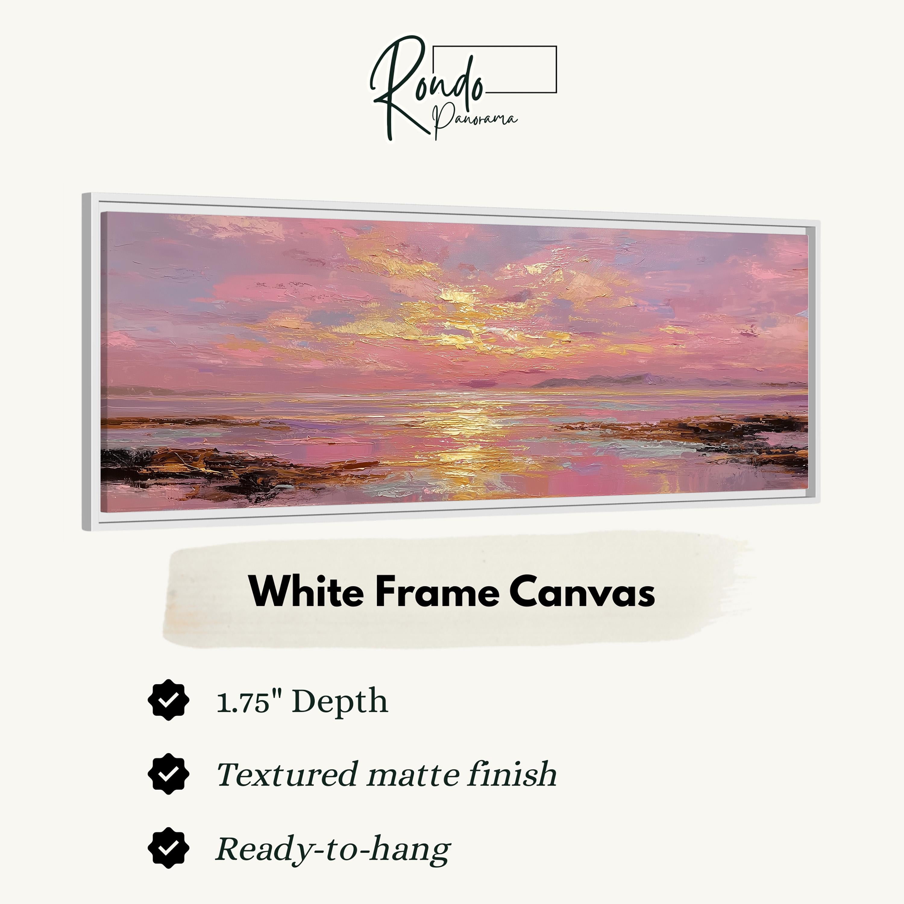 The image is a white frame canvas depicting a sunset over a body of water.