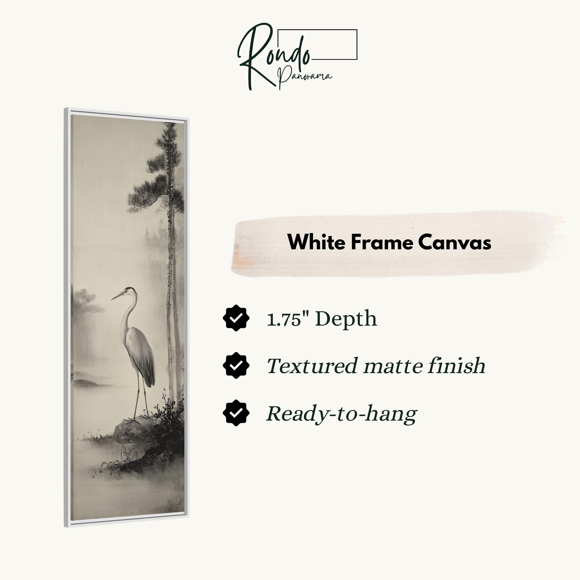 The image is a white frame canvas featuring a black and white image of a crane standing on a rocky shore.