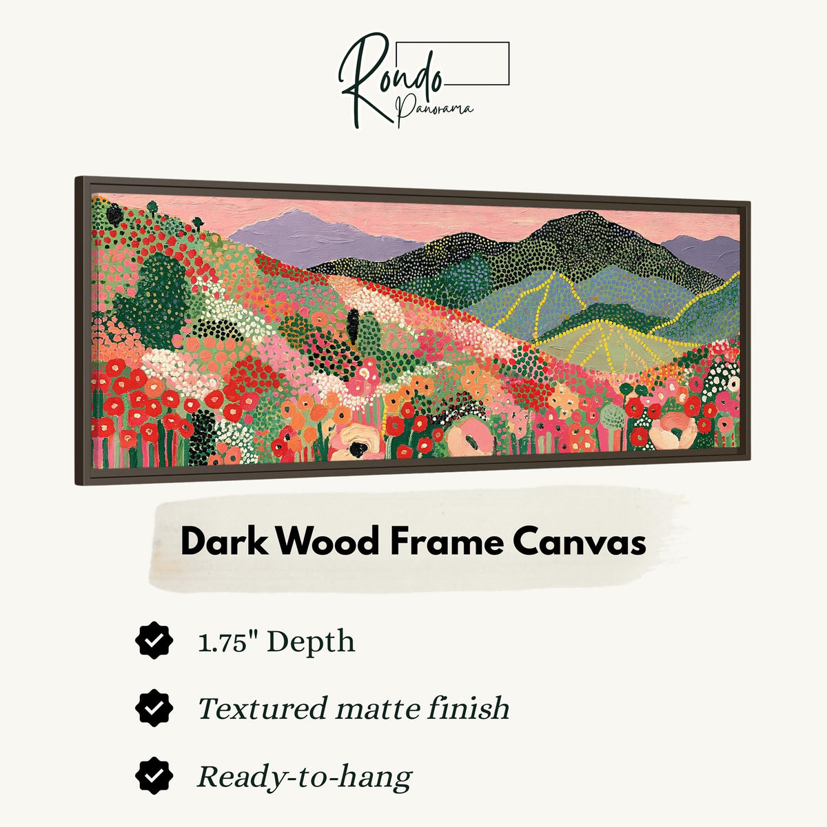 Dotted poppy mountains under a pink sky canvas print in a dark wood floating frame