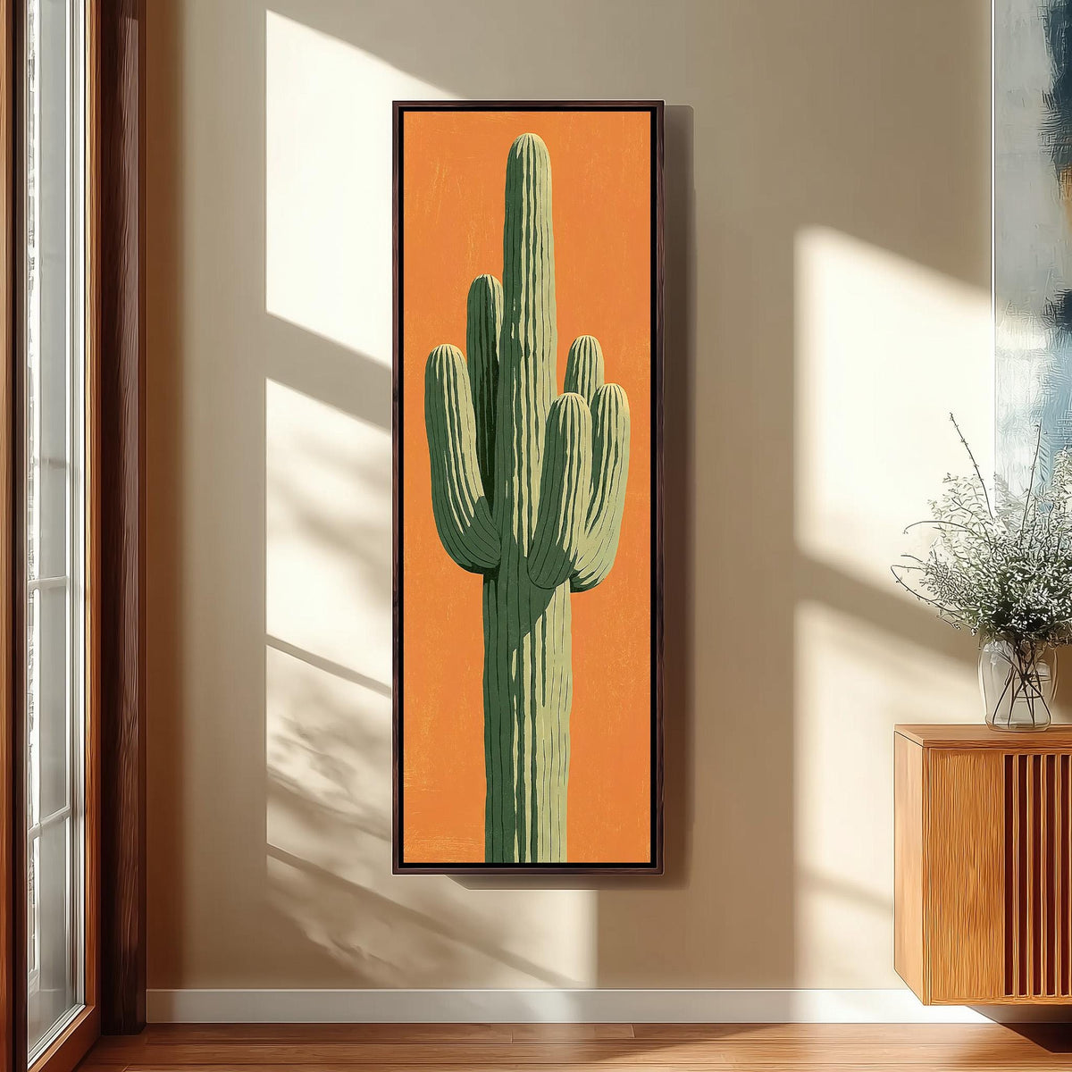 Saguaro cactus on orange long vertical canvas print in a sunlit living space