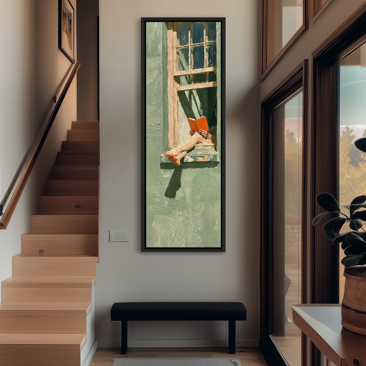 Woman reading in a sage green window tall narrow canvas print beside a staircase in an entryway