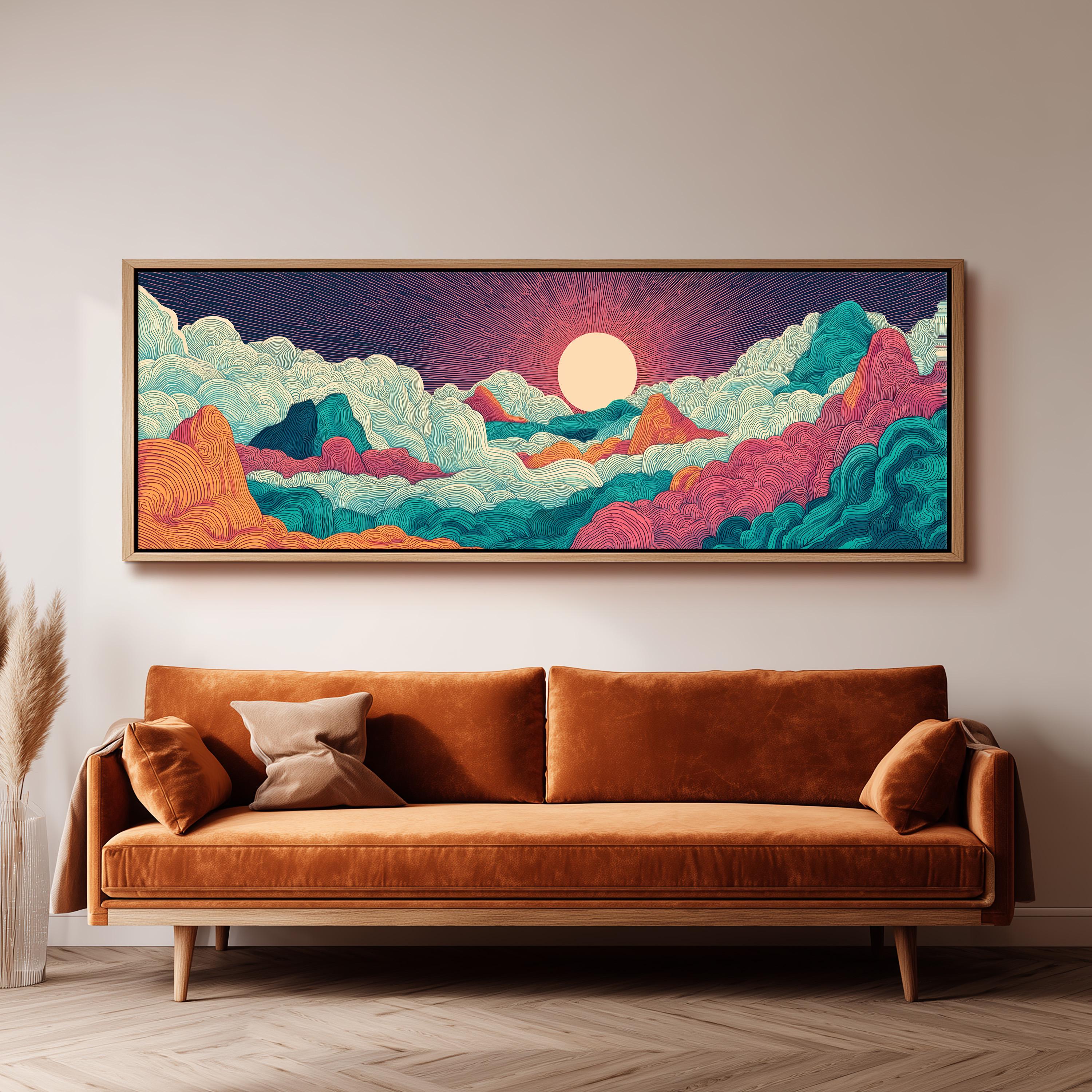 a large, colorful painting of a mountainous landscape with a bright sun in the sky, hanging on a wall above a brown sofa.