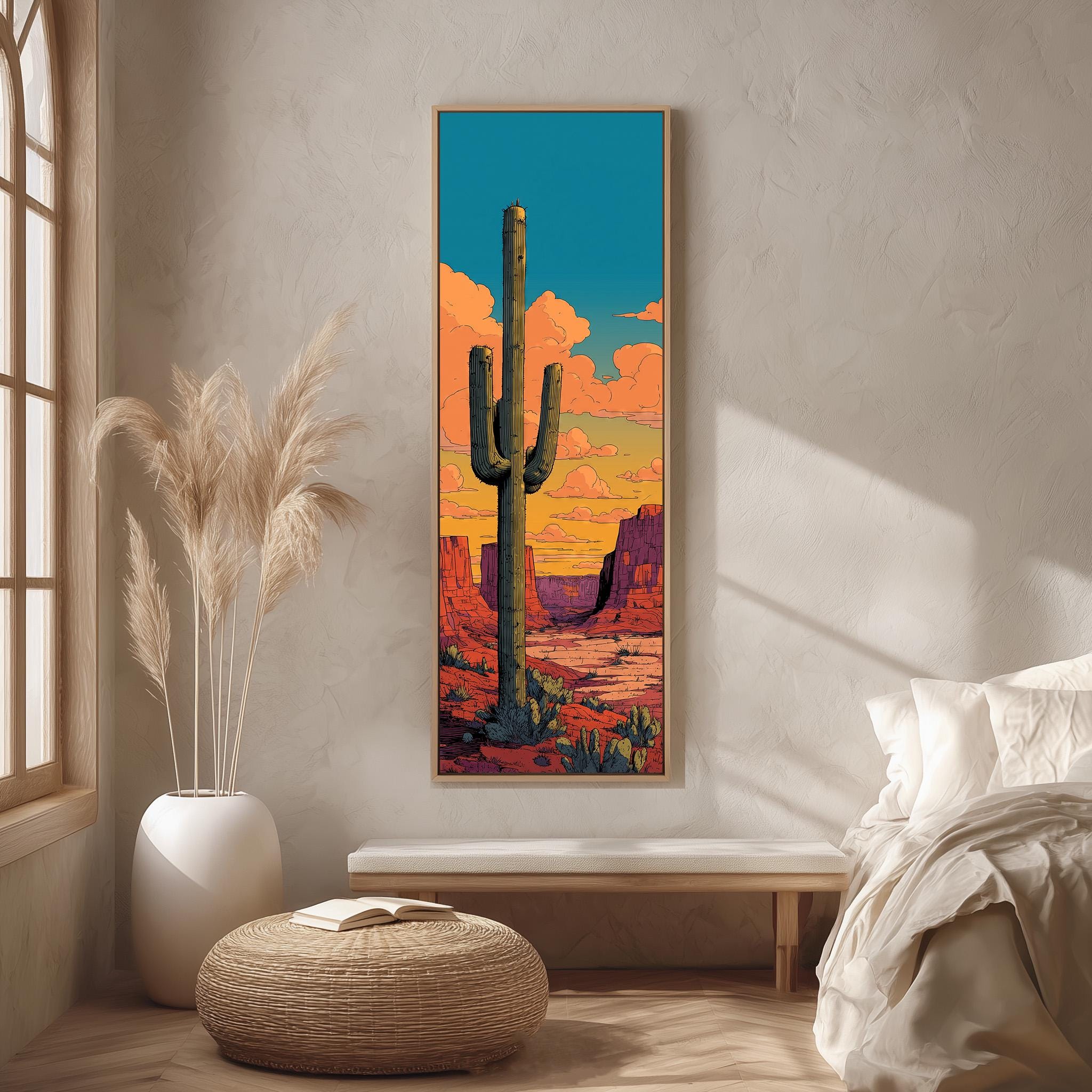 a desert landscape with a tall cactus in the foreground, a large window, a white bench, and a woven ottoman.