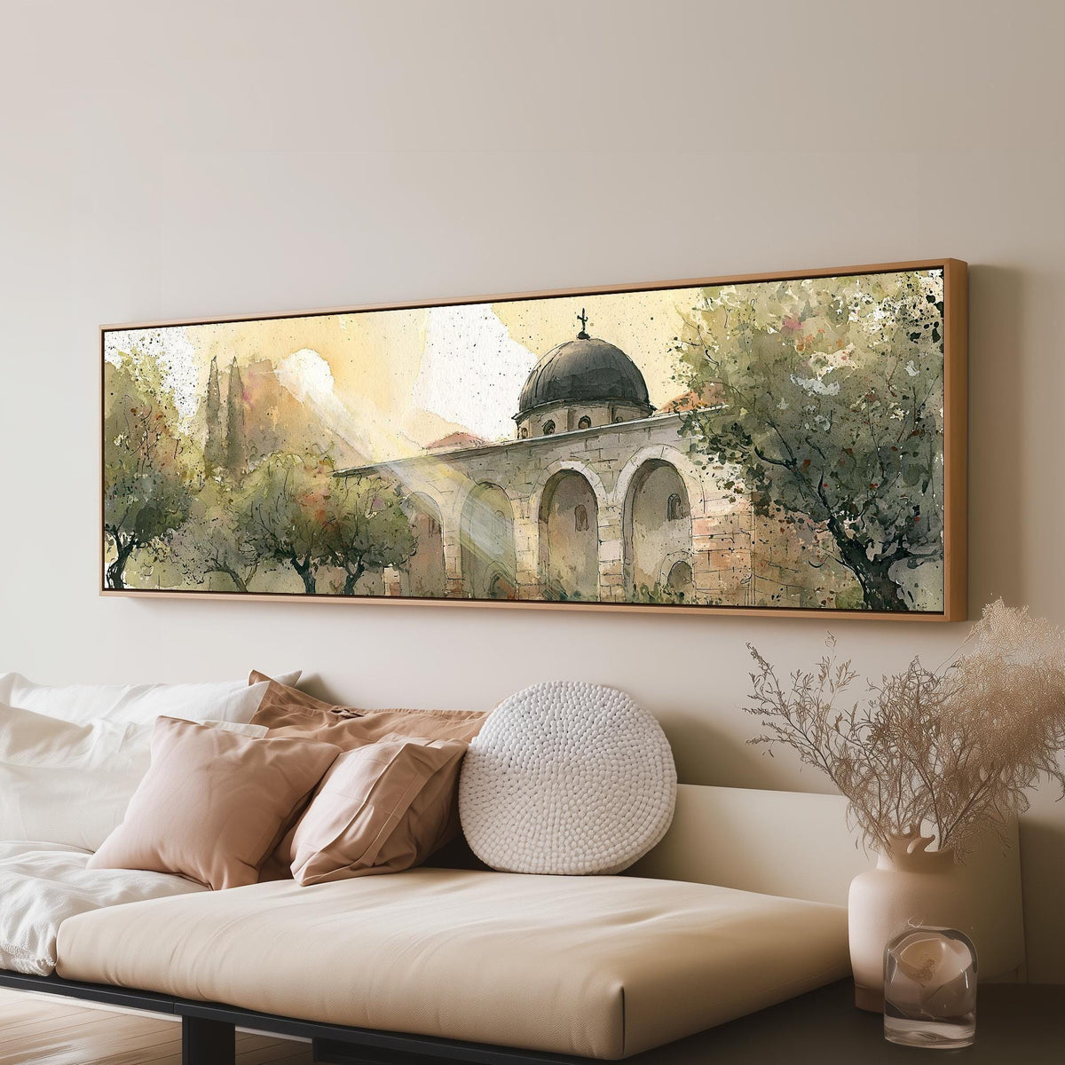 Domed mosque courtyard in watercolor long horizontal canvas print above a sofa in a living room