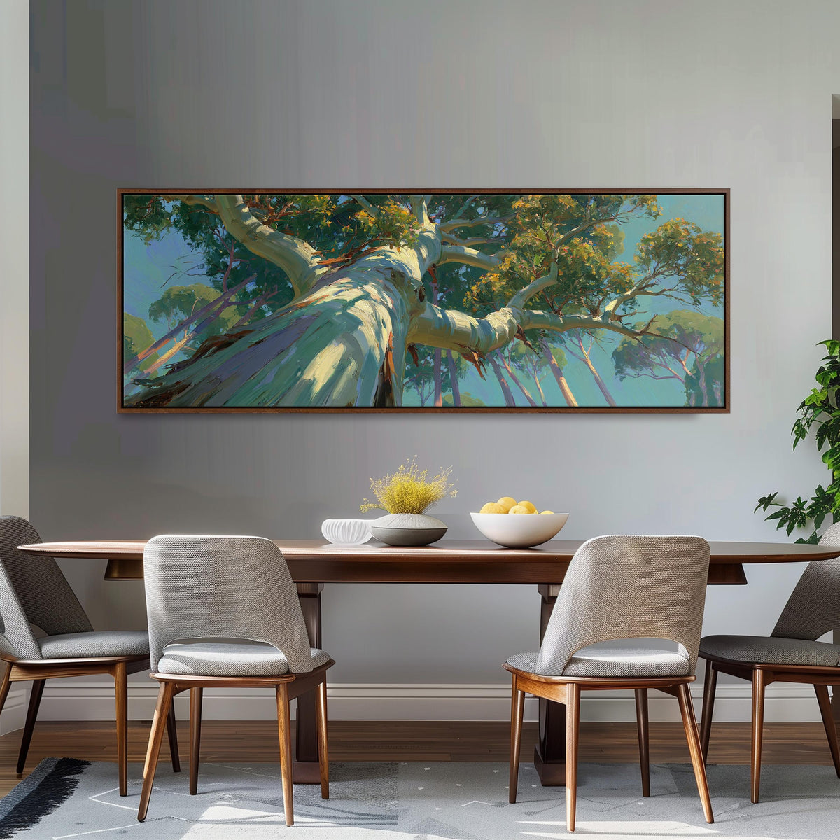 Eucalyptus canopy against a blue sky long horizontal canvas print above a dining table