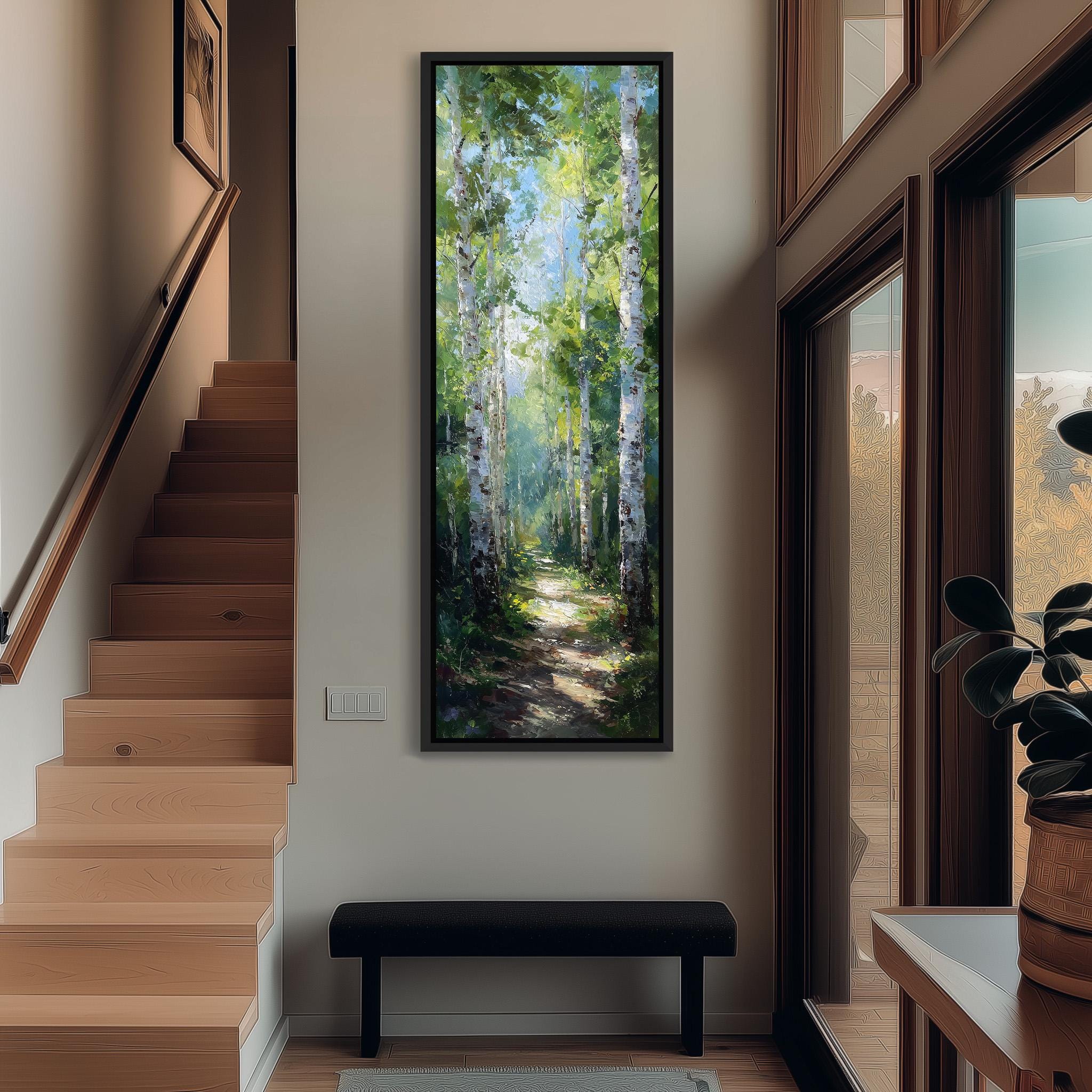 a hallway with a large painting of a forest scene hanging on the wall. The painting depicts a path leading through a lush, green forest with tall trees and a canopy of leaves. The hallway has a wooden staircase and a bench, creating a cozy and inviting atmosphere.