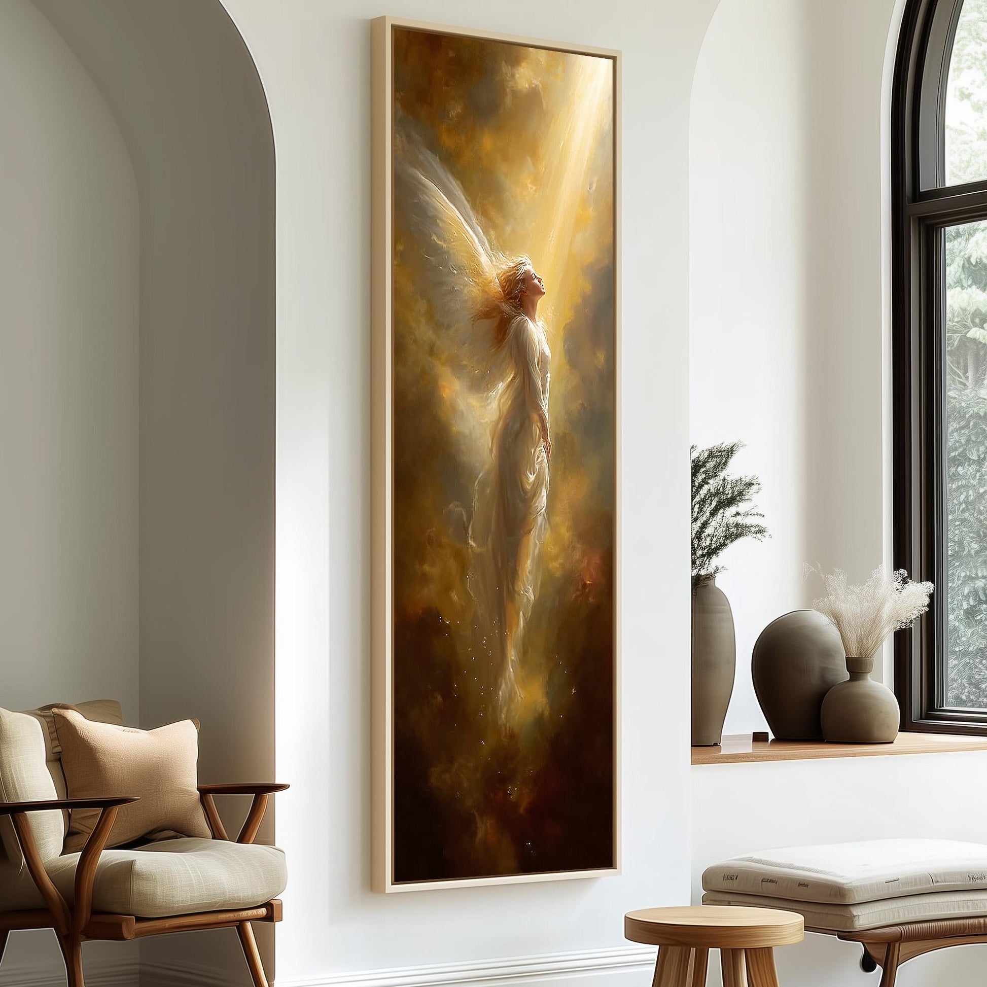 a large painting of a woman with wings, hanging on a wall in a room with a window and a wooden chair.