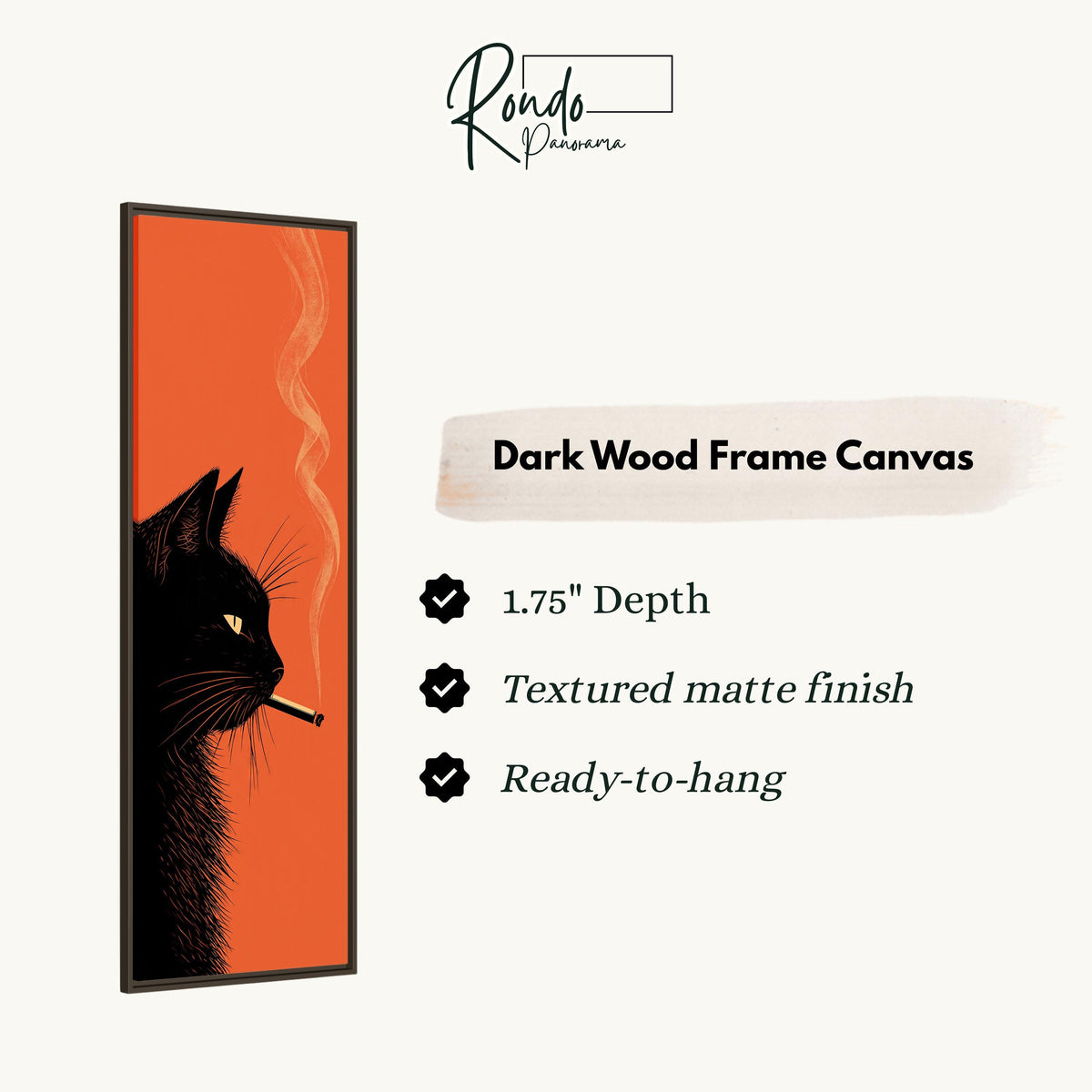 Black cat smoking on orange canvas print in a dark wood floating frame