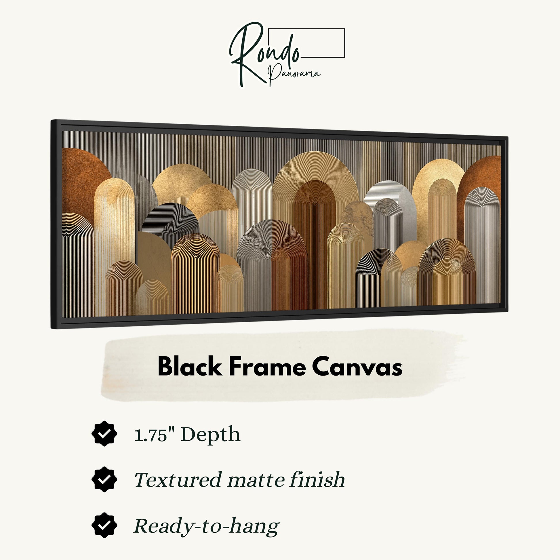The image is a black frame canvas with a geometric design of overlapping circles and arches in various shades of brown and beige.