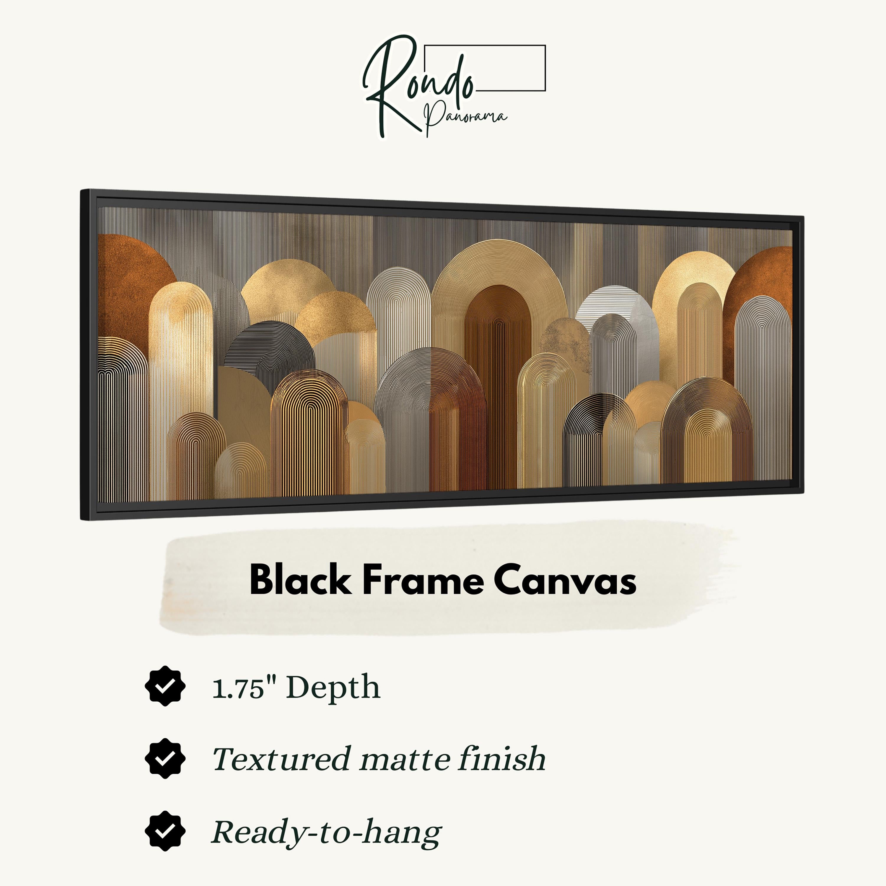 The image is a black frame canvas with a geometric design of overlapping circles and arches in various shades of brown and beige.