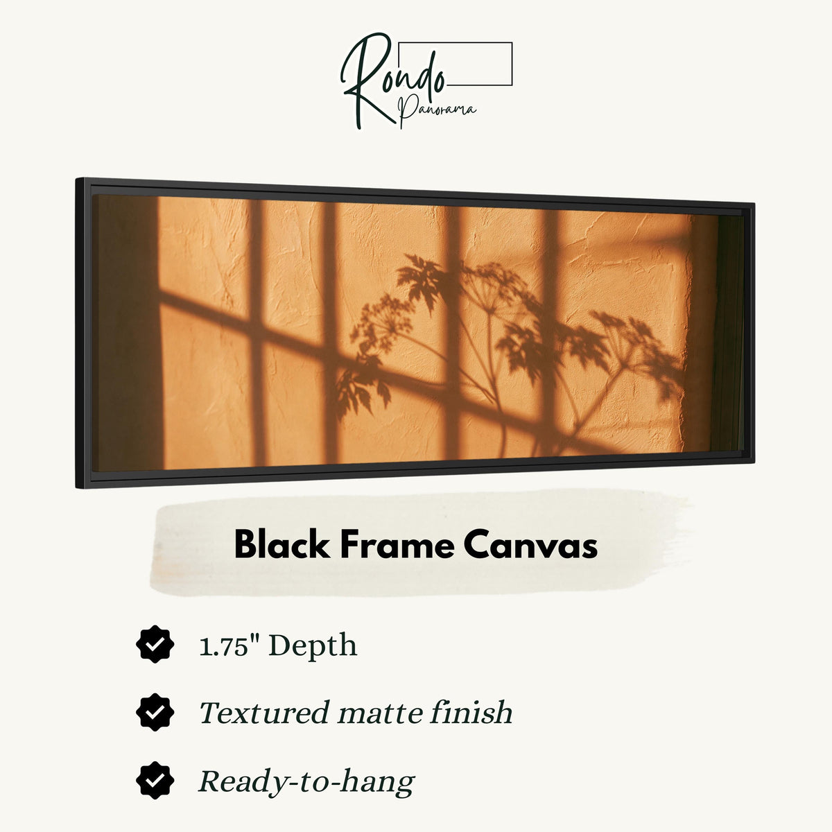 Plant and window shadows on a terracotta wall canvas print in a black floating frame