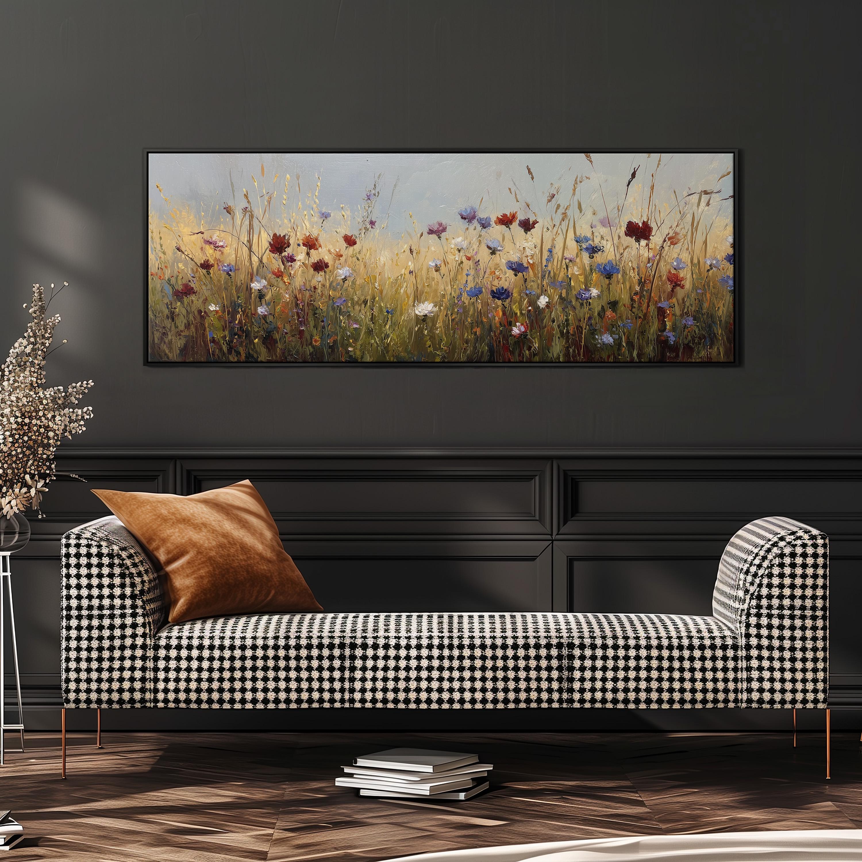 a black and white checkered sofa with a brown throw pillow, set against a dark wall with a large painting of a field of flowers hanging above it.