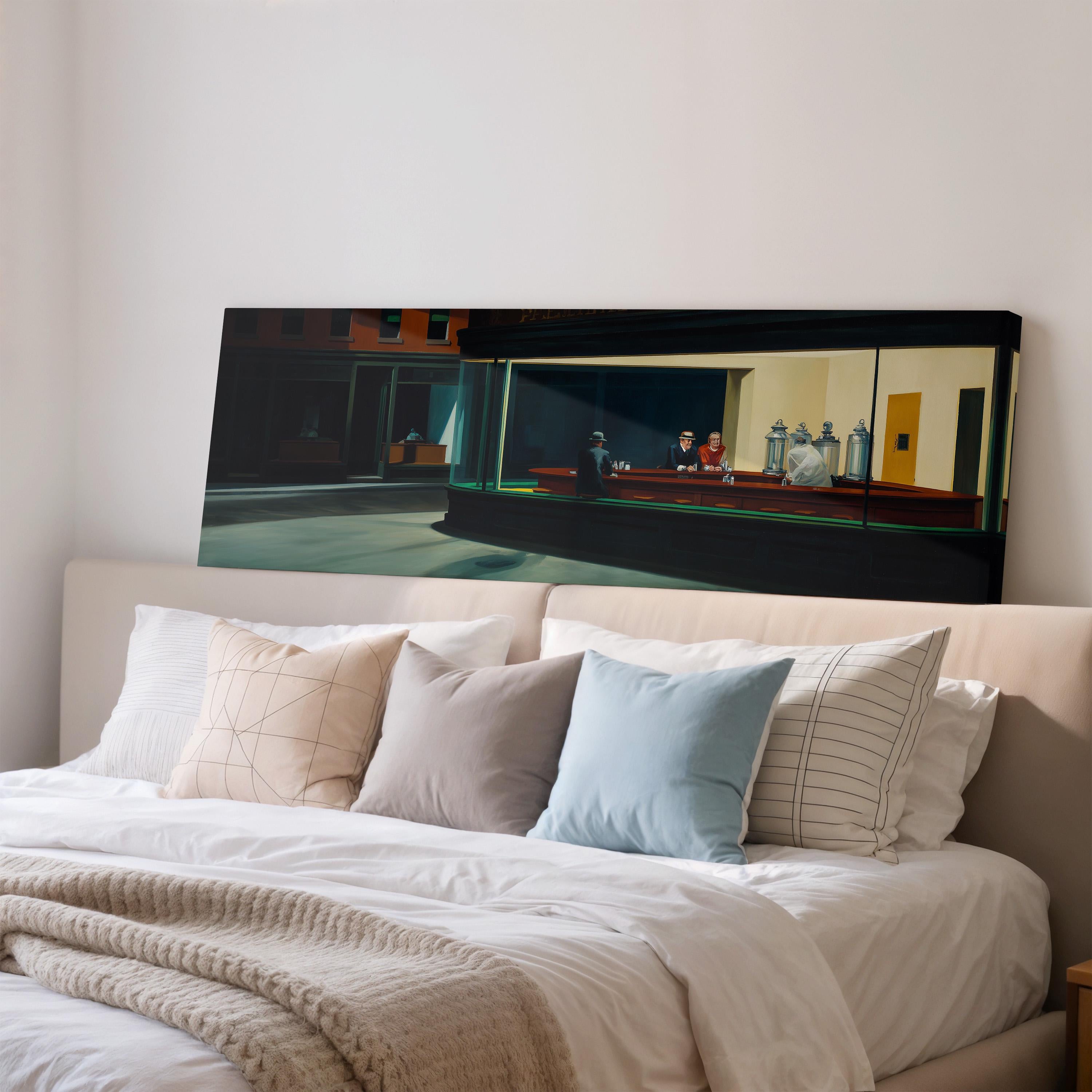 a large bed with white bedding and a painting of a building and people displayed on the wall above it.