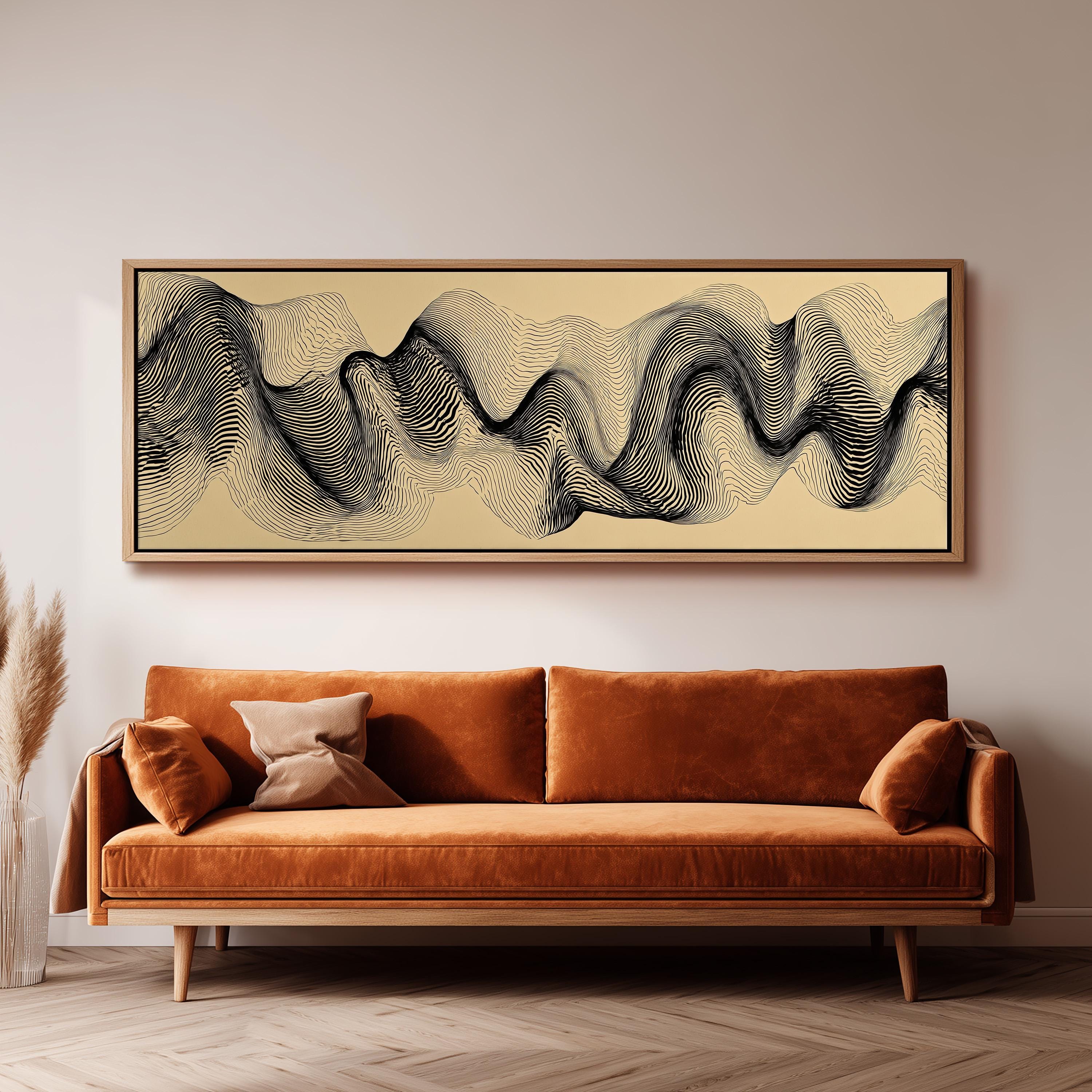 a large abstract painting hanging on a wall above a brown sofa with orange cushions.