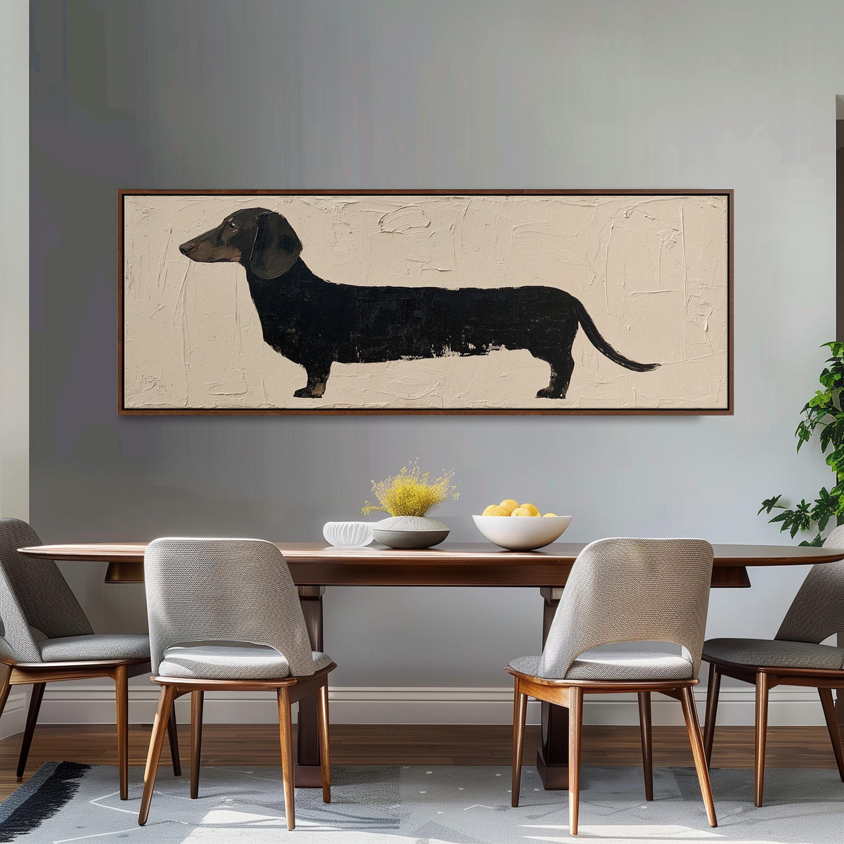 Black dachshund silhouette long horizontal canvas print above a dining table