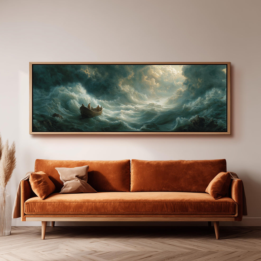 a large painting of a stormy sea with a boat, hanging on a dark wall above a black and white checkered sofa with a brown throw pillow.