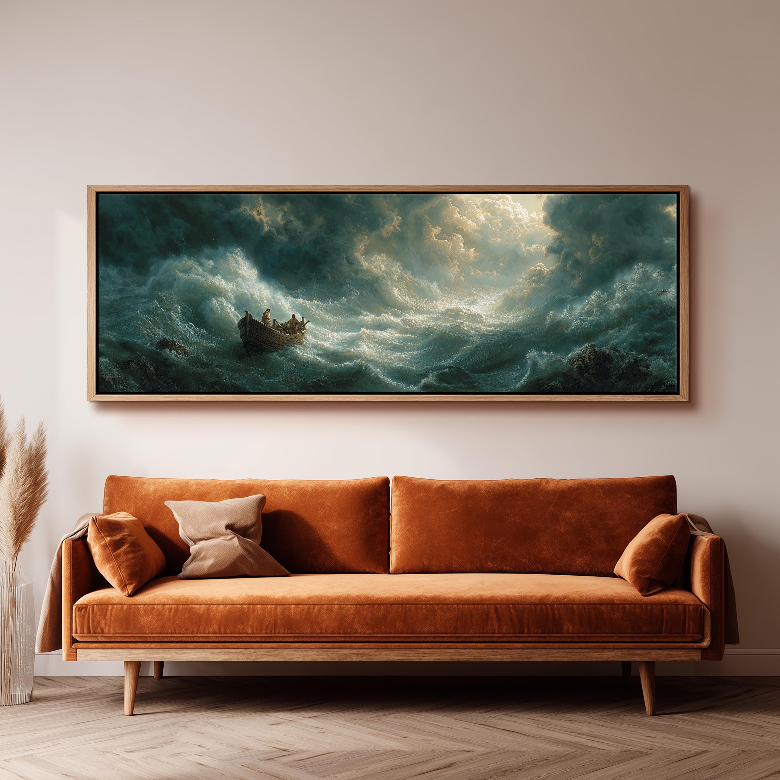 a large painting of a boat sailing through a stormy sea, hanging on a wall above a brown sofa.