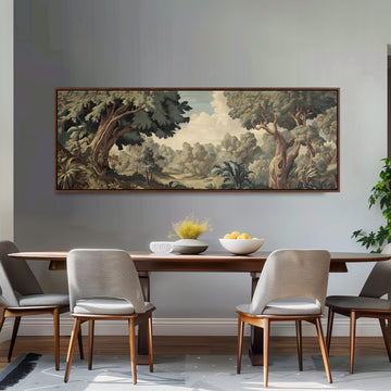 a dining room with a large painting of a forest landscape hanging on the wall above a wooden dining table with four chairs. The table is set with a bowl of fruit and a vase of flowers, creating a cozy and inviting atmosphere.