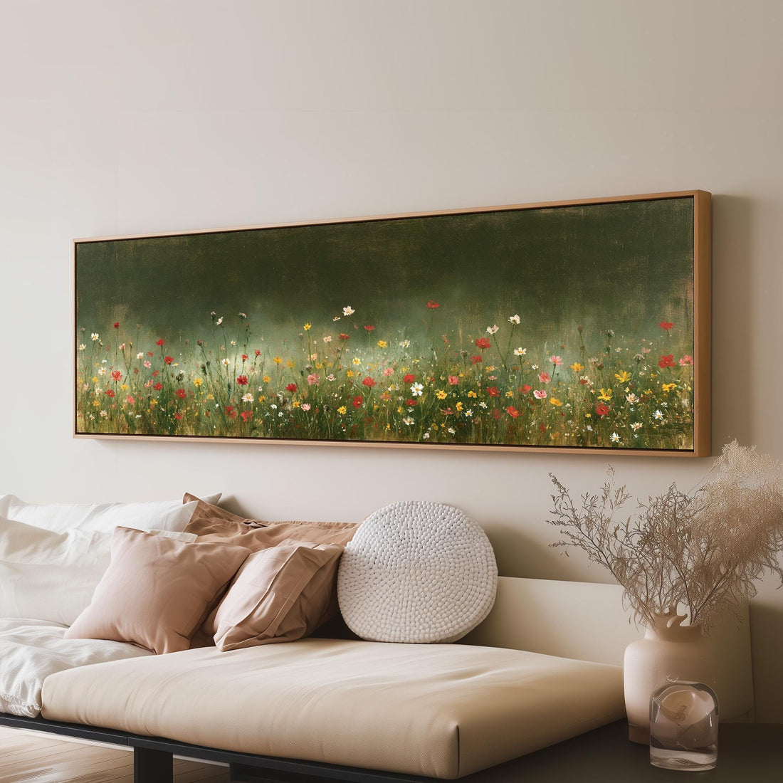 Poppy meadow at twilight long horizontal canvas print above a sofa in a living room