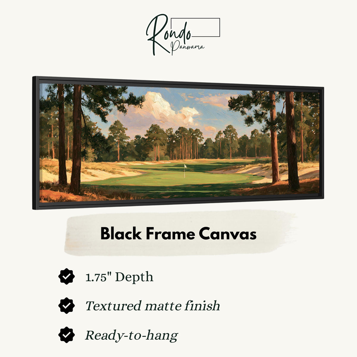 Golf fairway lined with tall pines canvas print in a black floating frame