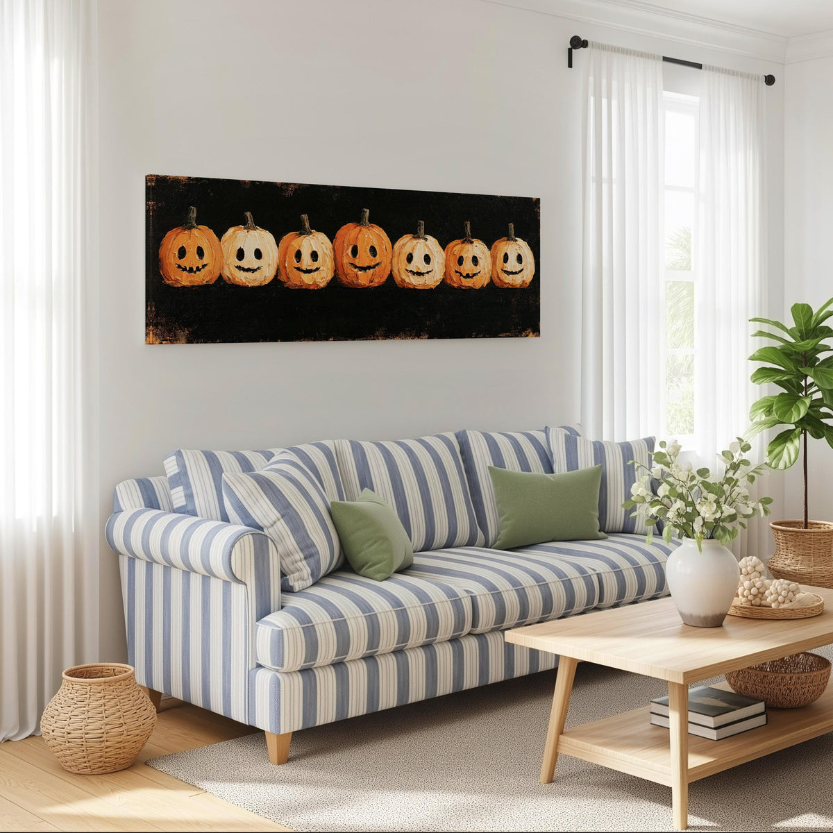 Row of smiling jack-o'-lanterns long horizontal canvas print above a striped sofa in a coastal living room