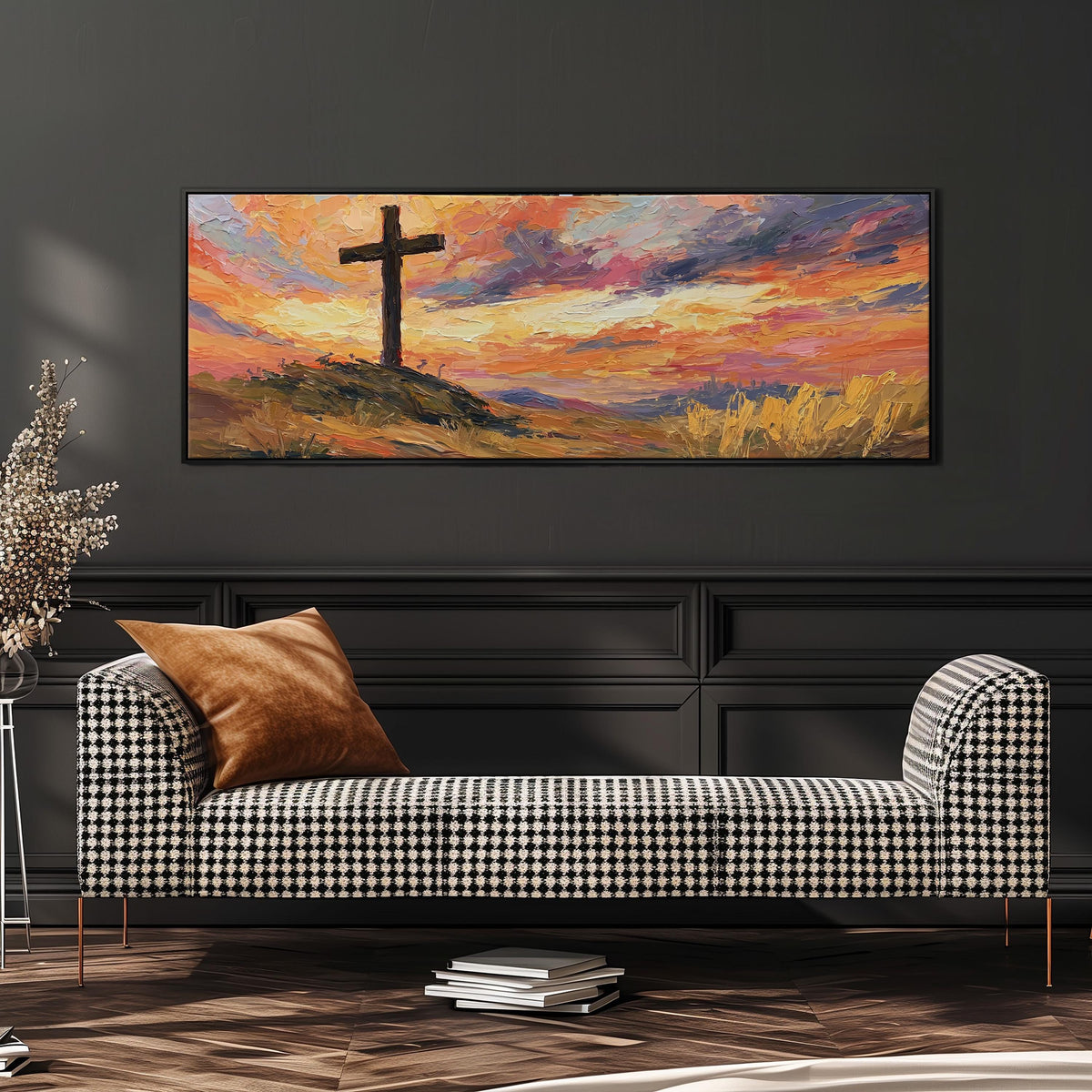 Cross on a hill at sunset wide panoramic canvas print above a bench in a dark living room