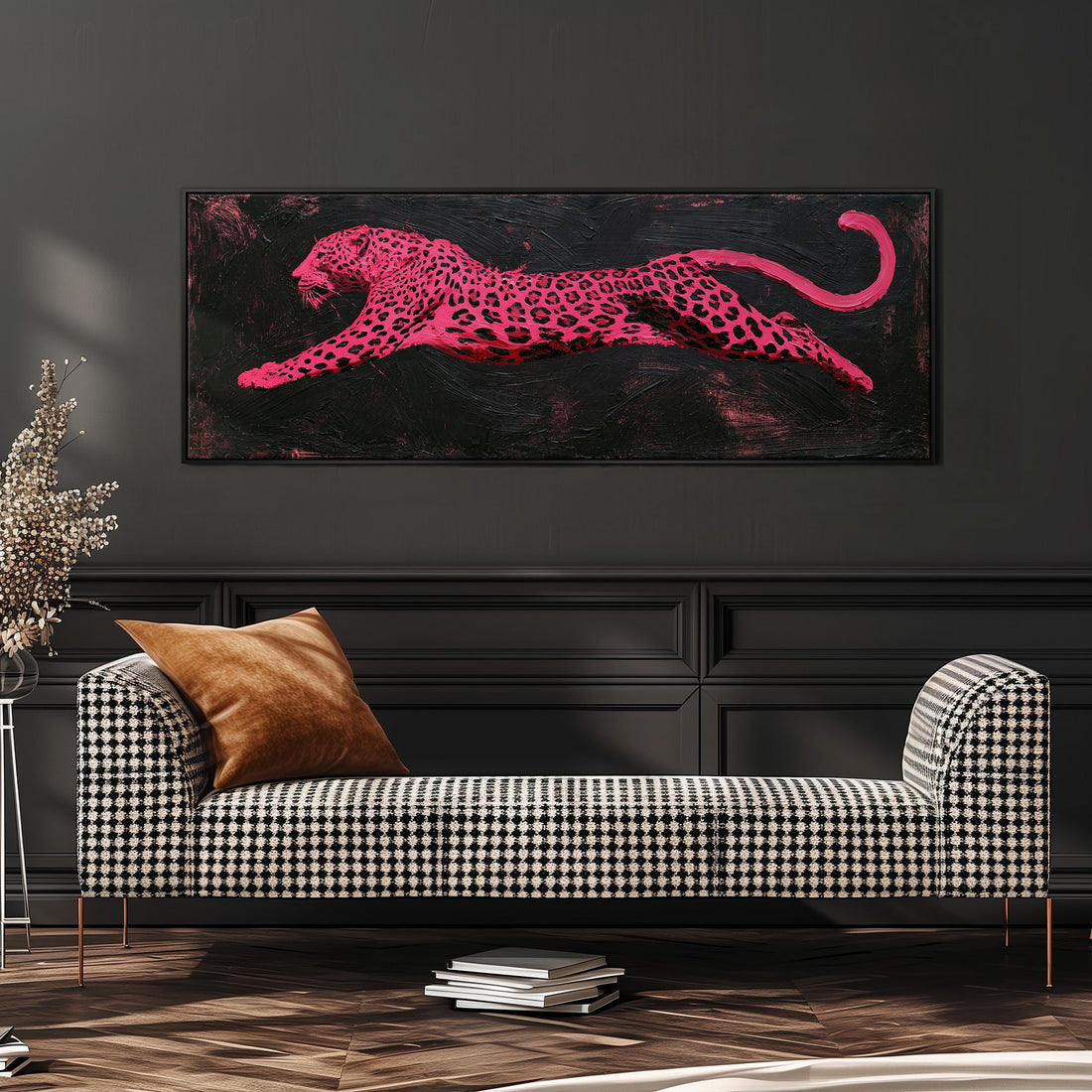 Pink leaping leopard long horizontal canvas print above a sofa in a living room