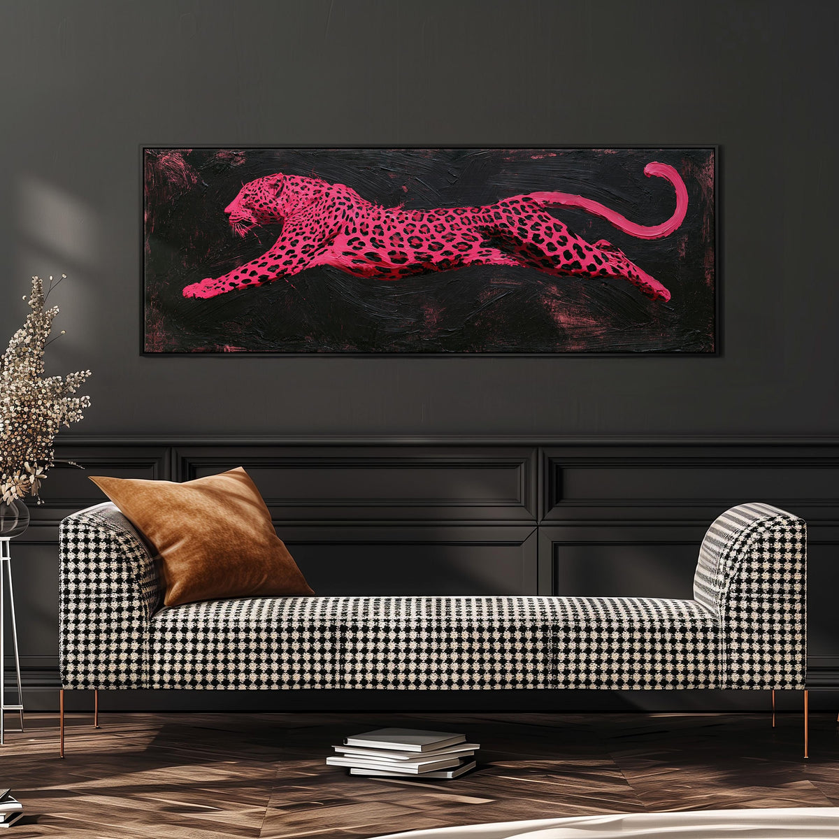 Pink leaping leopard long horizontal canvas print above a sofa in a living room